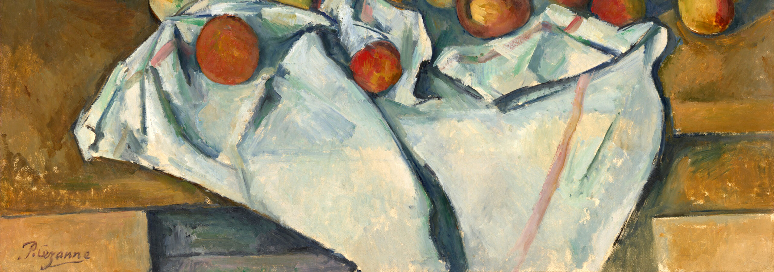 Edge of table seen in multiple perspectives (detail), Paul Cézanne, The Basket of Apples painting of a still life featuring a white cloth draped over a surface with several oranges placed on and around it. The artwork uses warm tones with textured brushstrokes, highlighting contrast between the smooth fruit and the crumpled fabric.