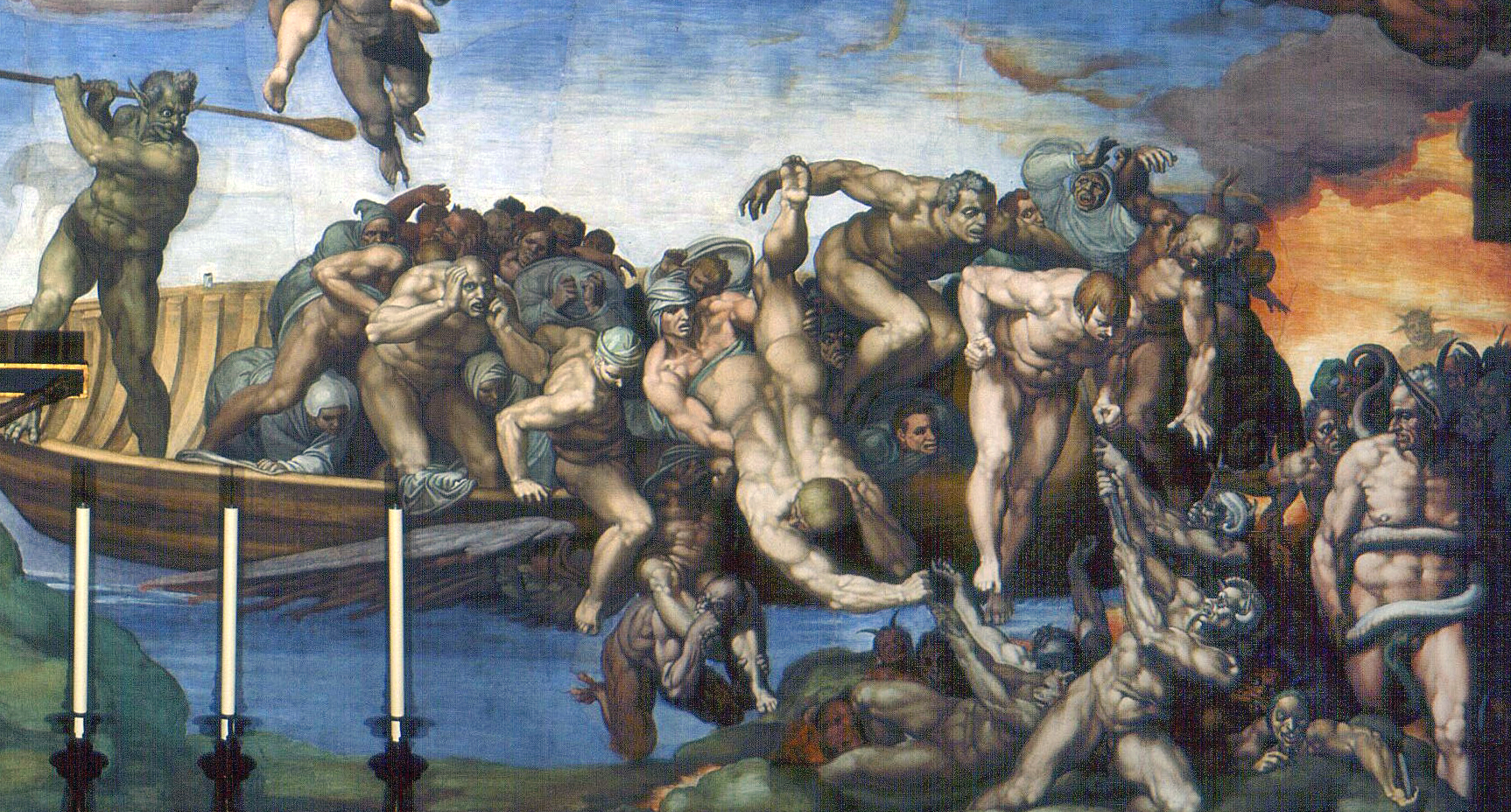 Charon drives the damned onto hell’s shores and in the lower right corner stands the ass-eared Minos (detail), Michelangelo, Last Judgment.