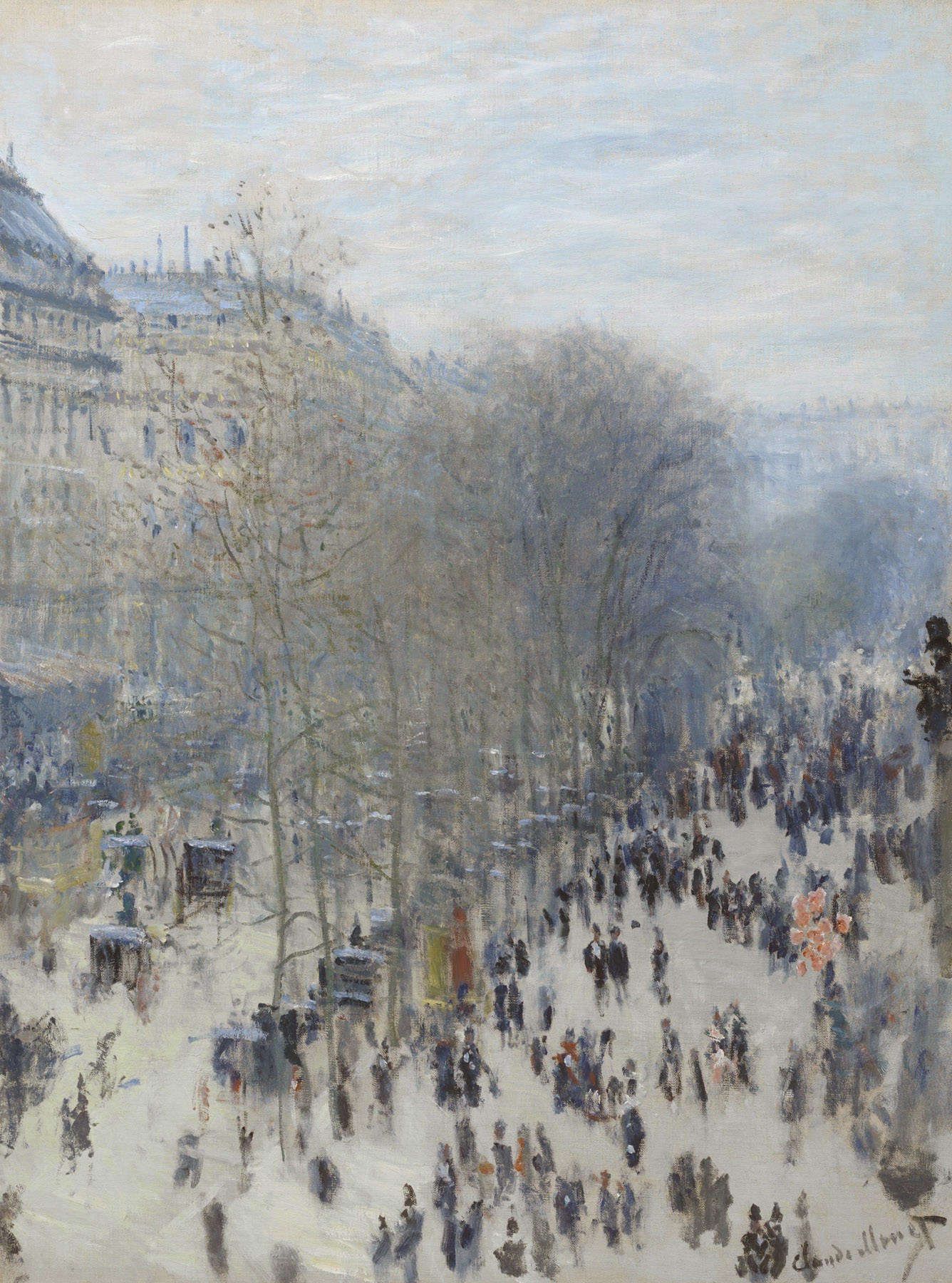 Monet, Boulevard des Capucines Impressionist painting depicting a bustling city street scene with numerous pedestrians and tall buildings fading into a misty background. Soft, muted colors and loose brushstrokes create an atmospheric effect, highlighting movement and urban life in a late 19th-century setting.