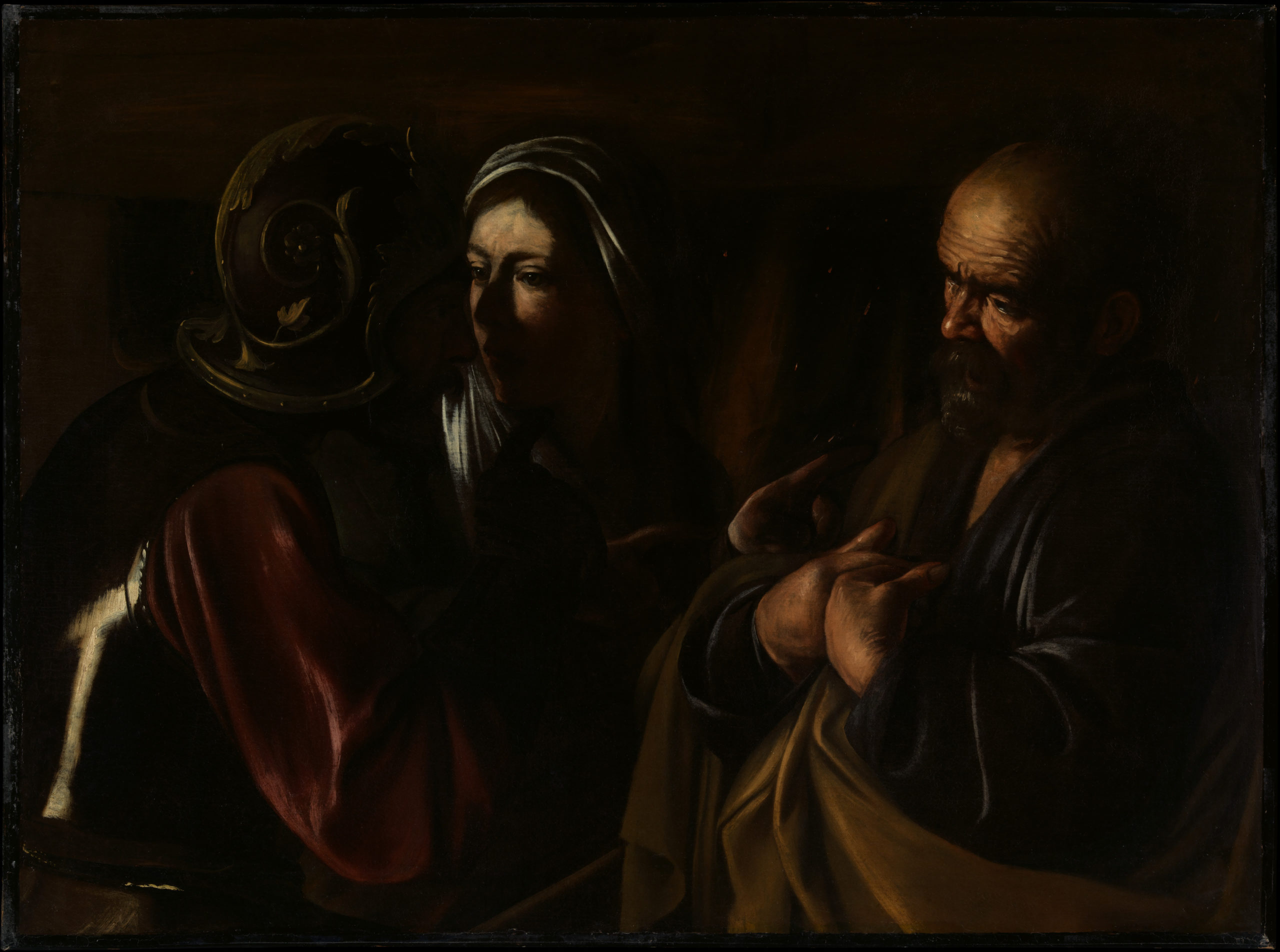 Caravaggio, The Denial of Saint Peter, painting depicting three figures in close proximity, with one wearing a helmet and armor, suggesting a historical or biblical scene. The composition uses strong contrasts of light and shadow to highlight the figures' expressions and gestures, emphasizing tension or confrontation.
