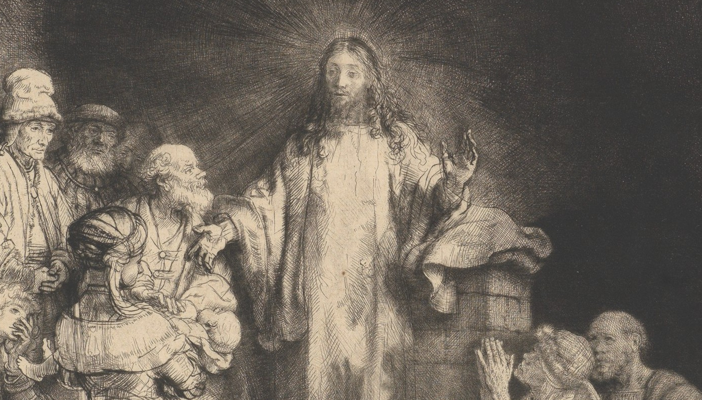Detail, Rembrandt, The Hundred Guilder Print, a black and white etching depicts a central figure with a radiant halo, surrounded by a group of people in various poses of attention and reverence.