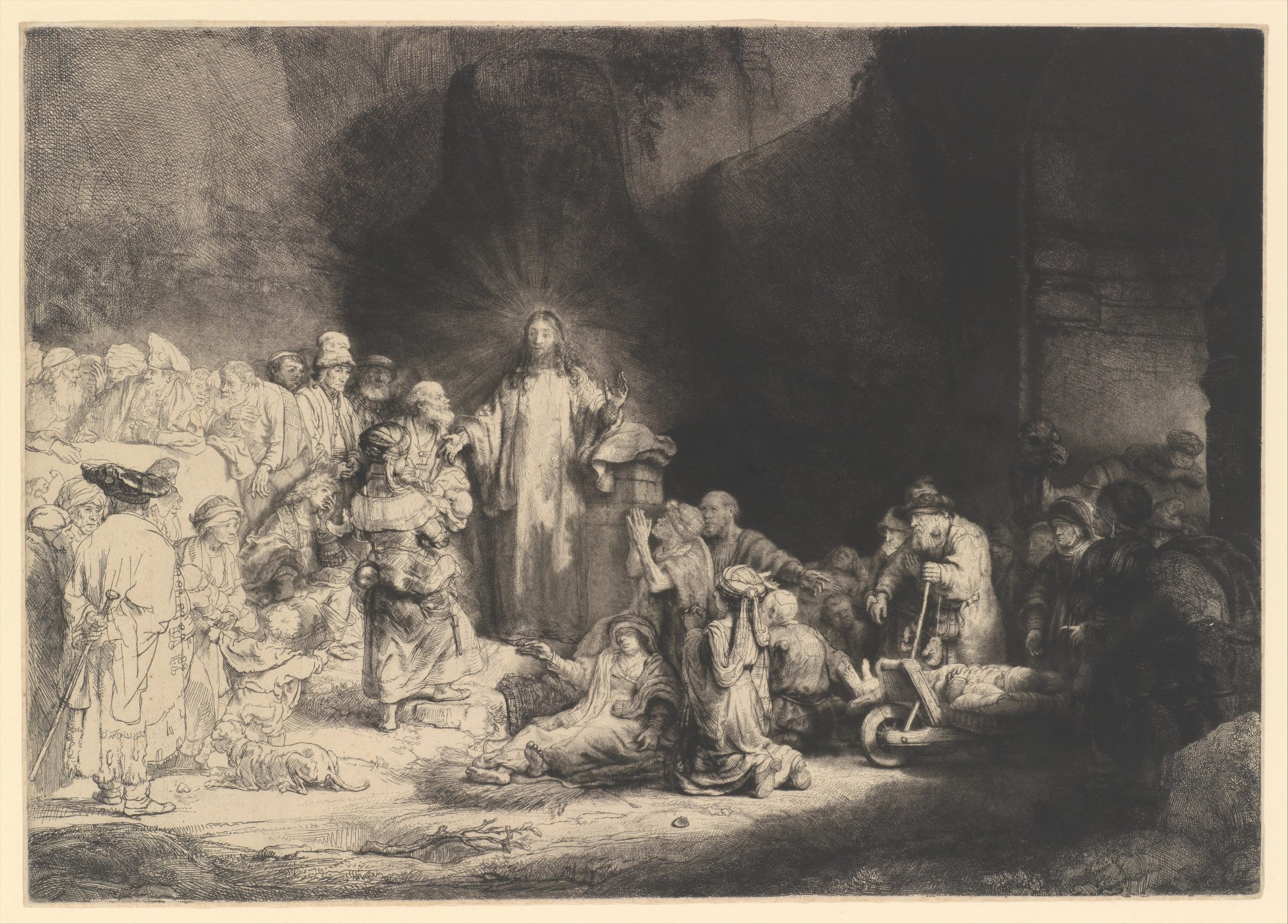 Rembrandt, The Hundred Guilder Print black and white etching depicting a biblical scene with a central glowing figure surrounded by a crowd of people in various poses of attention and supplication. The composition uses light and shadow to emphasize the central figure's radiance, with detailed expressions and clothing.
