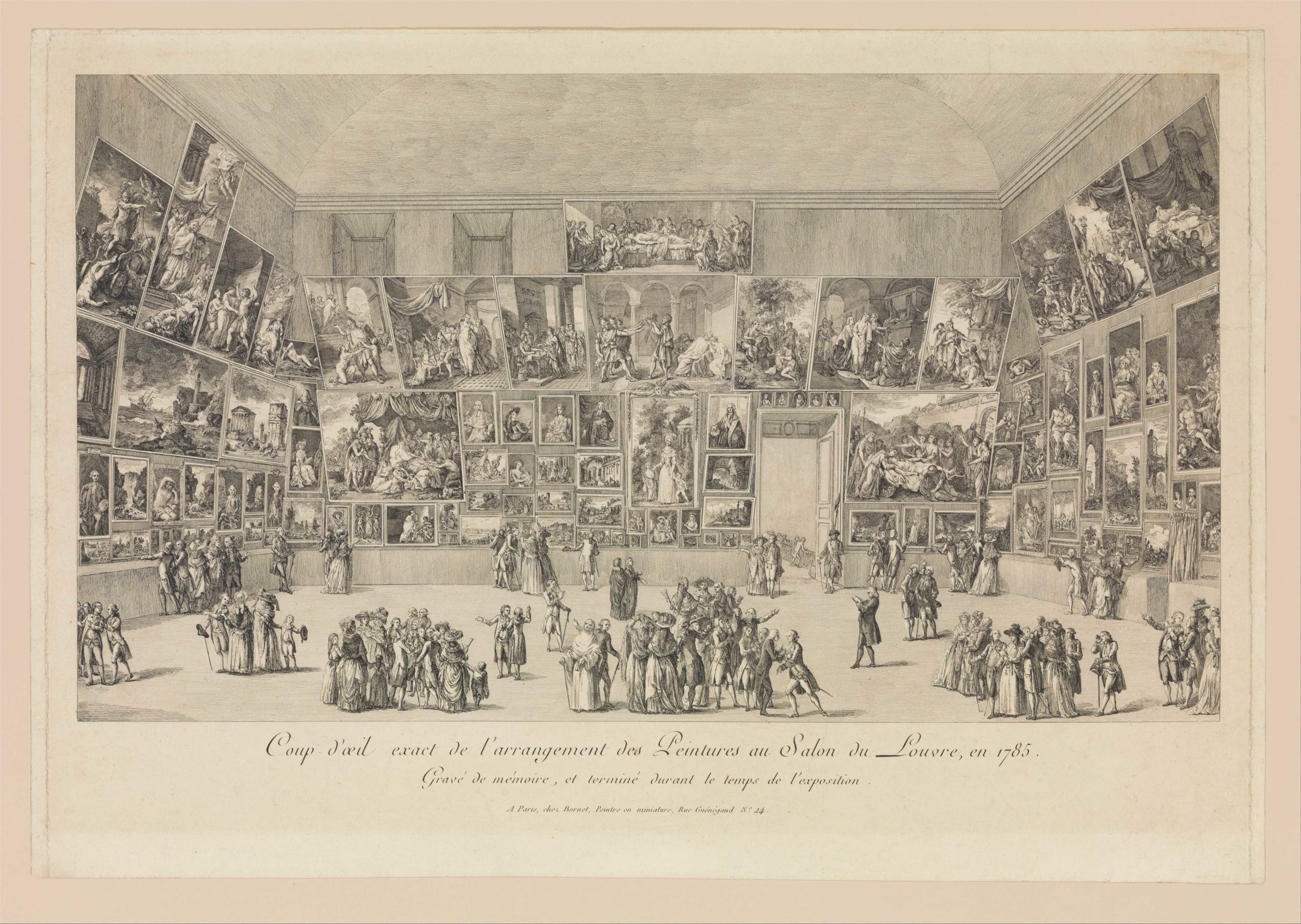 Black and white engraving depicting an art gallery interior with numerous framed paintings covering walls from floor to ceiling. Groups of people in period clothing are scattered throughout room, observing and discussing artworks, illustrating a historical scene of an exhibition setting.