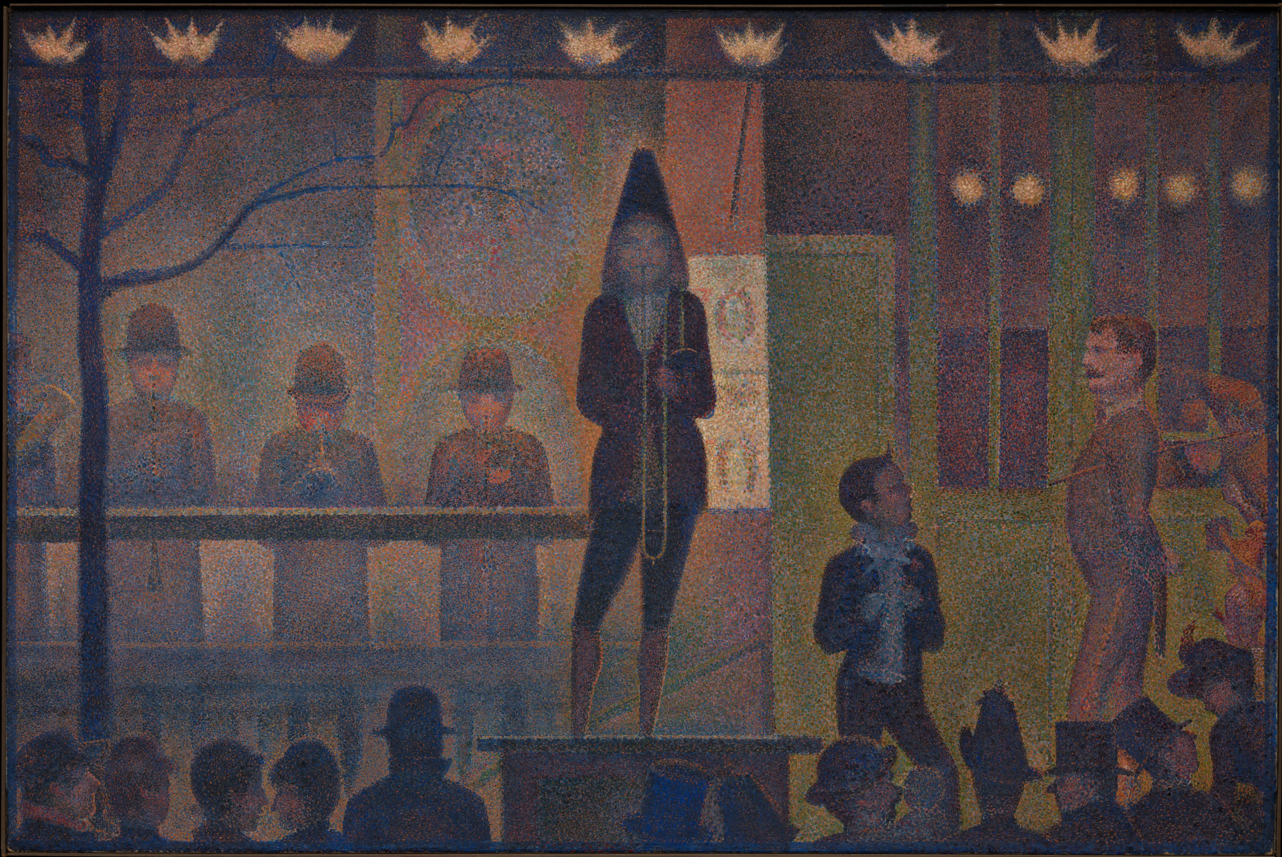 A painting depicting a nighttime street scene with a central figure standing on a platform, surrounded by onlookers and performers. The artwork features muted colors, a row of illuminated lamps above, and a background with architectural elements and silhouetted trees.