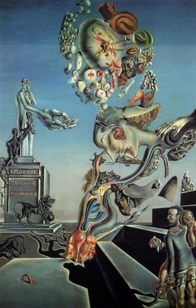 Surrealist painting depicting a distorted human face composed of various organic and anatomical elements floating above a staircase. The scene includes a statue on a pedestal, a man and woman embracing on the stairs, and a dreamlike landscape with muted colors and intricate, flowing shapes.