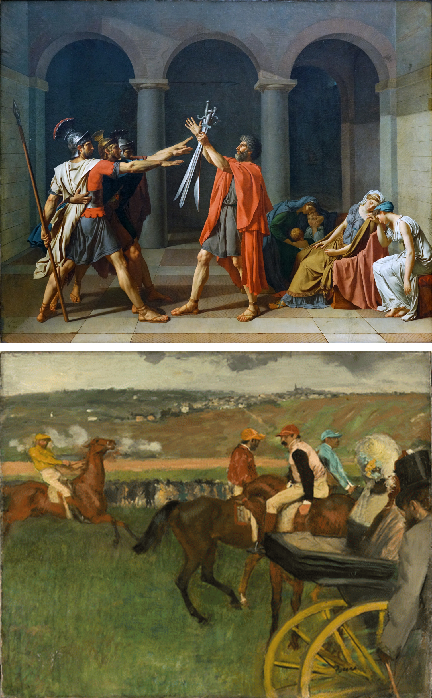 Two paintings are shown, one above the other. The top painting depicts a dramatic historical scene with Roman soldiers and a man in a red cloak holding swords, while the bottom painting shows a lively horse race with jockeys on horseback and spectators near a yellow carriage.