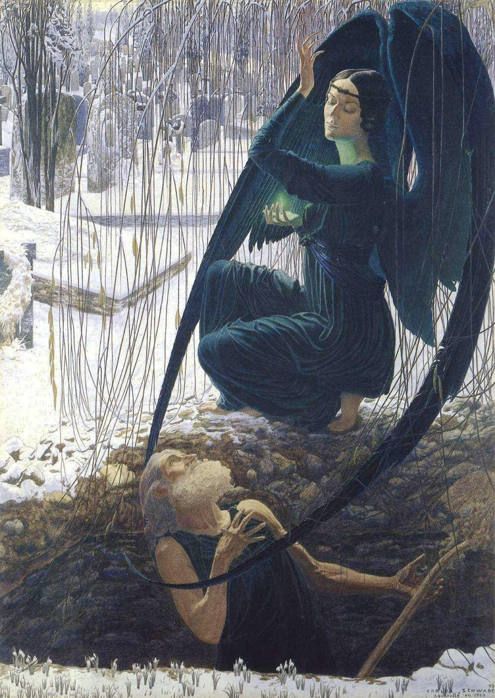 A painting depicting a dark-winged angel kneeling beside a man emerging from a grave in a snowy cemetery. The scene features intricate details like bare trees, gravestones, and a somber color palette.