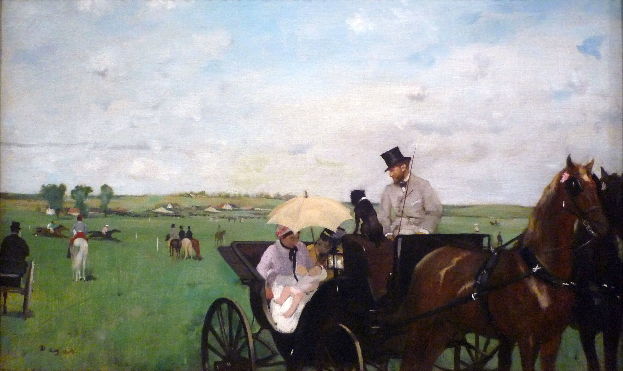 Degas, At the Races in the Countryside (detail) painting depicting a leisurely outdoor scene with people in horse-drawn carriages on a vast green field under a partly cloudy sky. Central figures include a man in a top hat holding reins and a woman with a parasol, accompanied by a black dog, highlighting a calm, social atmosphere.