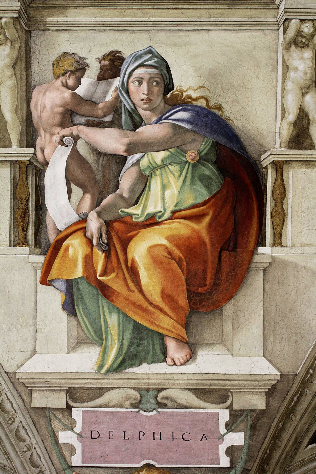 Michelangelo, Delphic Sibyl, Sistine Chapel Ceiling, depicting a seated female figure labeled "Delphica," draped in colorful robes of orange, green, and purple, holding a scroll. Two smaller figures stand behind her, set against an architectural background with sculpted columns and decorative elements.