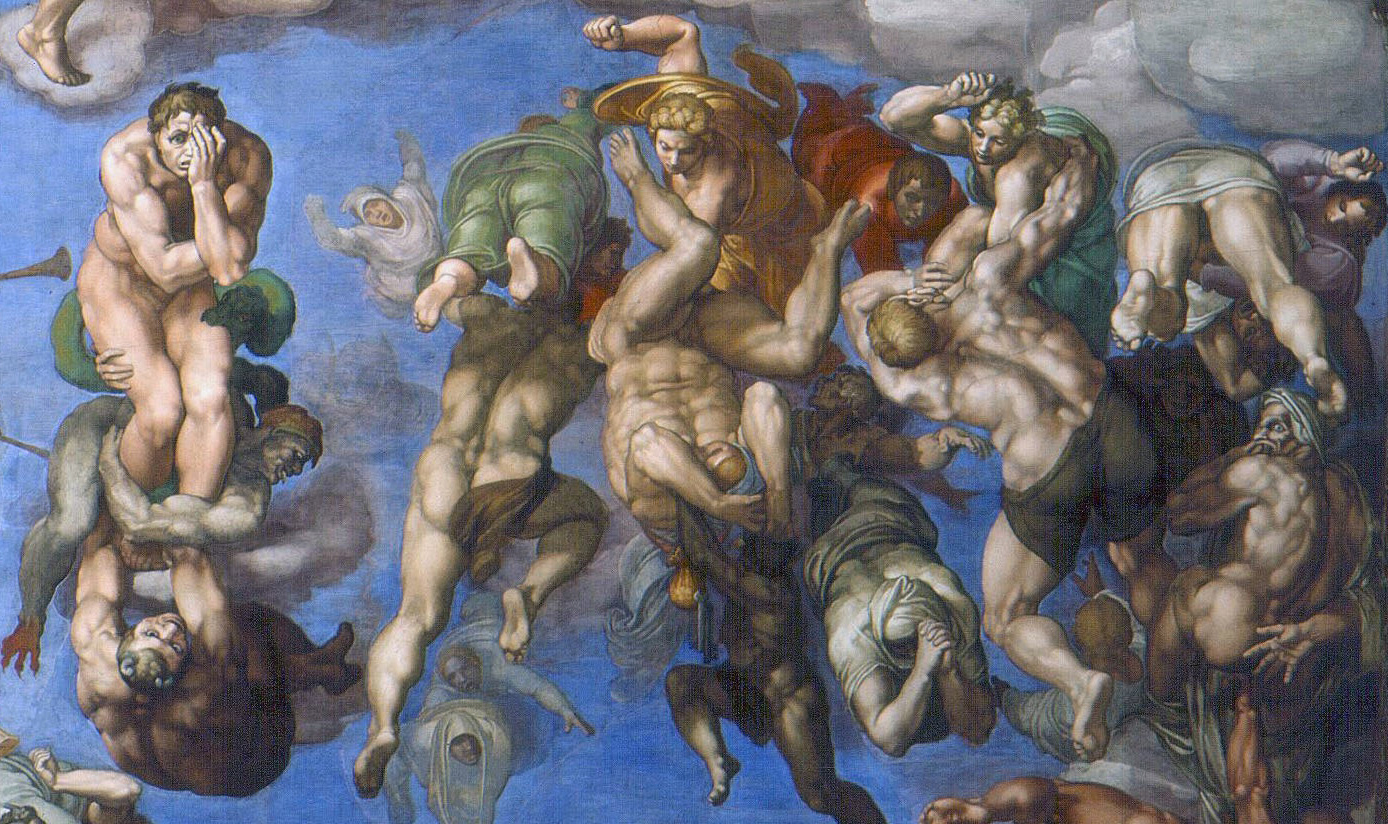 Demons drag the damned to hell, while angels beat down those who struggle to escape their fate (detail), Michelangelo, Last Judgment.