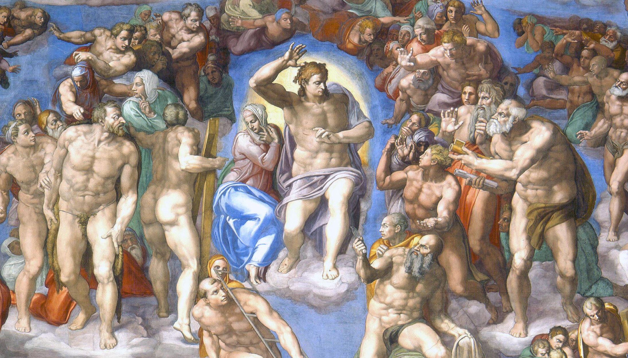 Detail of Christ at the center surrounded by Mary, angels, saints with Christ's right hand raised above his head.