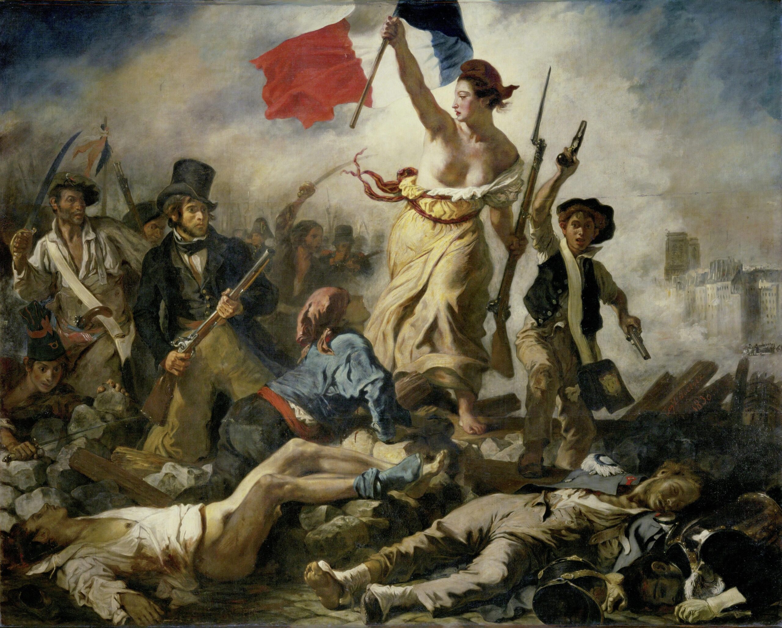 Delacroix, Liberty Leading the People (July 28, 1830) painting depicting a dramatic revolutionary scene with a central female figure holding a French flag, leading a diverse group of fighters over fallen bodies. The composition features dynamic poses, dark and muted colors contrasted with the bright flag, and a smoky, chaotic background symbolizing struggle and uprising.