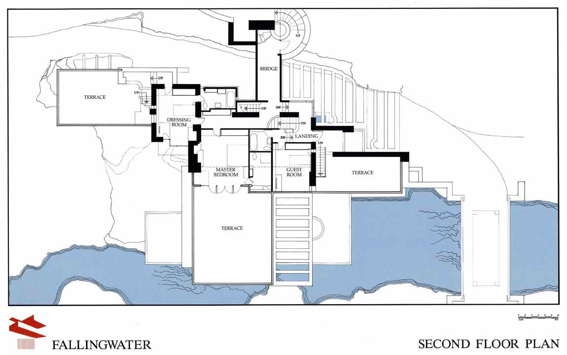 Architectural floor plan showing second floor layout of Fallingwater, highlighting terraces, master bedroom, guest room, and connecting bridge. Water features depicted in blue surround parts of the structure, with clear labels and solid black walls indicating room boundaries.