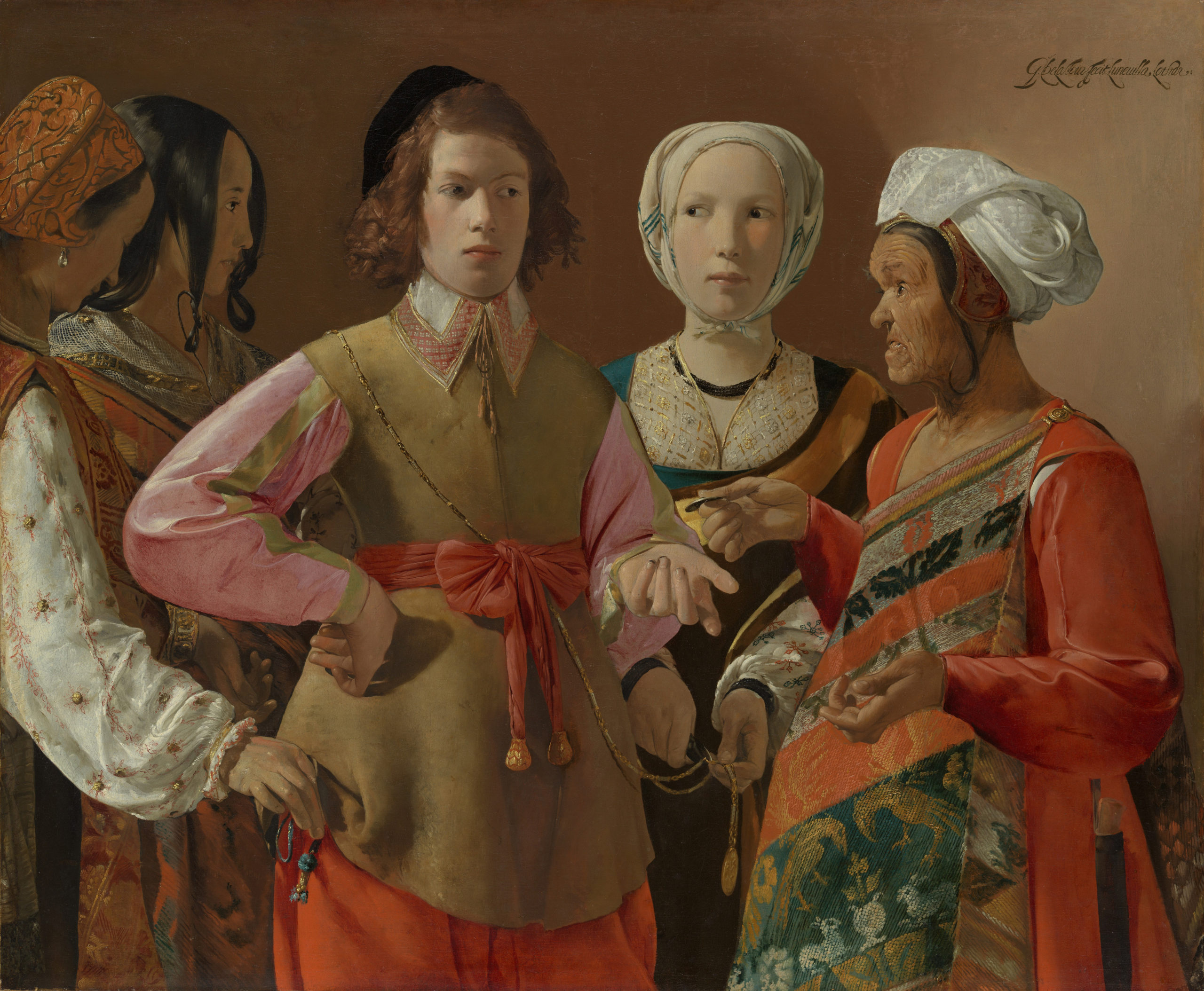 Georges de La Tour, The Fortune Teller Baroque-style painting depicting five individuals dressed in elaborate 17th-century attire, engaged in a social interaction. Rich colors and detailed fabrics highlight cultural diversity and status, with notable elements including a red sash, patterned shawl, and distinctive headwear.