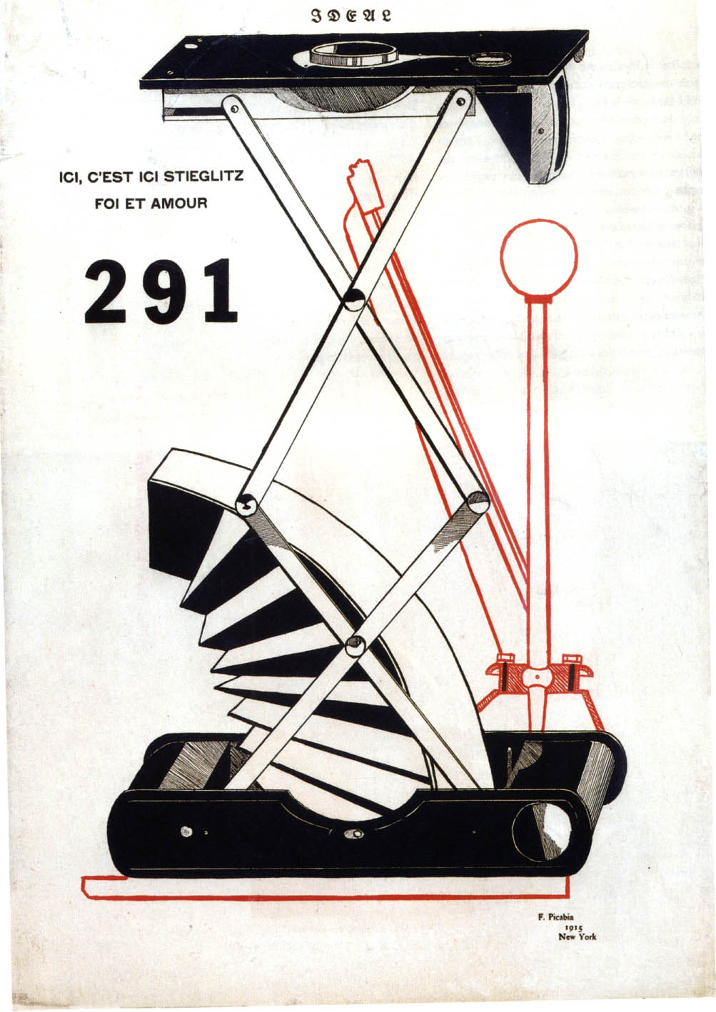 A vintage technical drawing illustrates a mechanical device with an accordion-like central section and scissor-like arms, labeled with the number 291. The design includes black and red line elements, with French text "ICI, C'EST ICI STIEGLITZ FOI ET AMOUR" and a small signature at the bottom right, suggesting artistic and engineering significance.