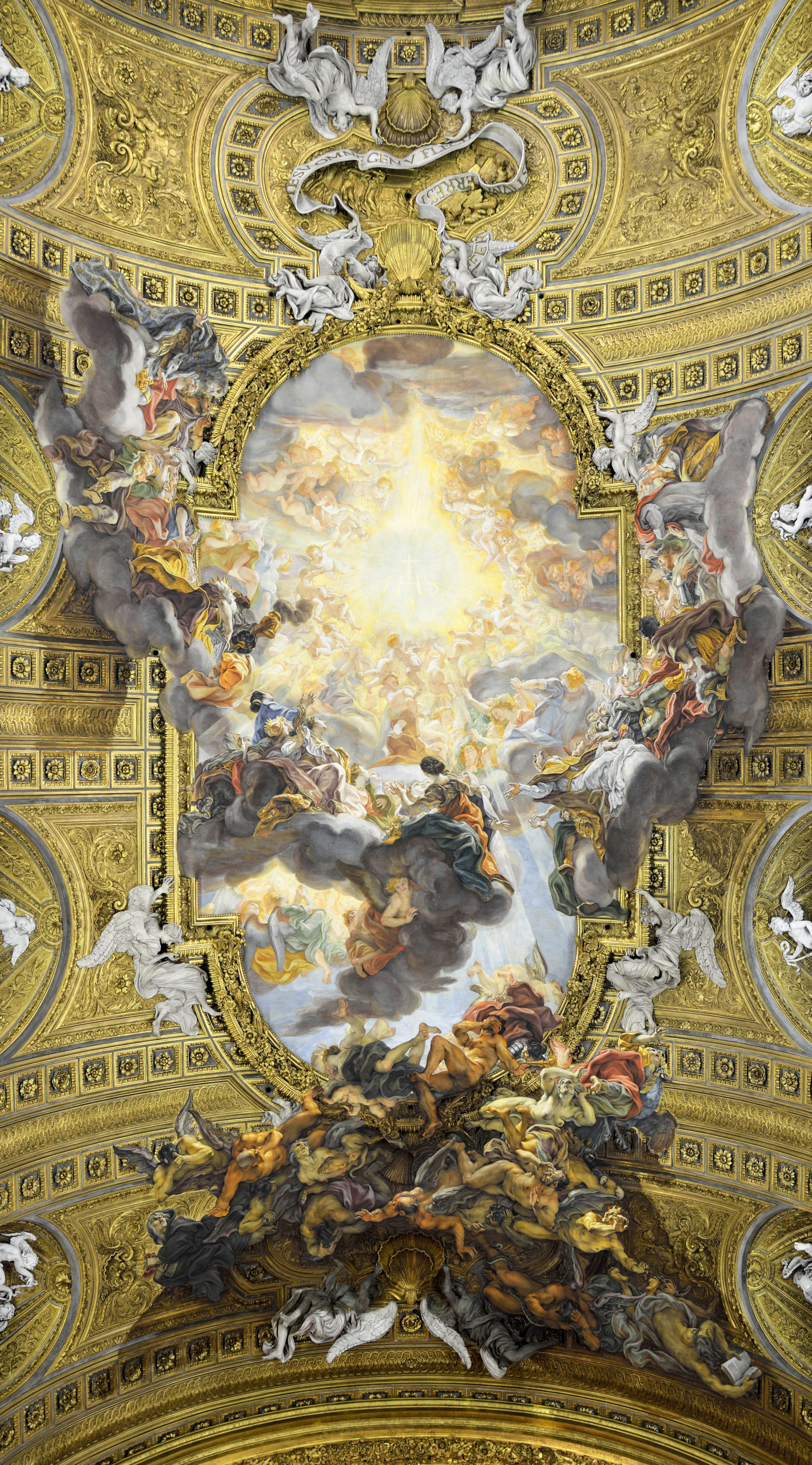 Giovanni Battista Gaulli, The Triumph of the Name of Jesus, Baroque ceiling fresco depicting a dramatic heavenly scene with numerous angels, saints, and divine figures surrounded by golden architectural elements. The fresco features dynamic movement, vivid colors, and intricate details framed by sculpted white figures and elaborate gold decorations.