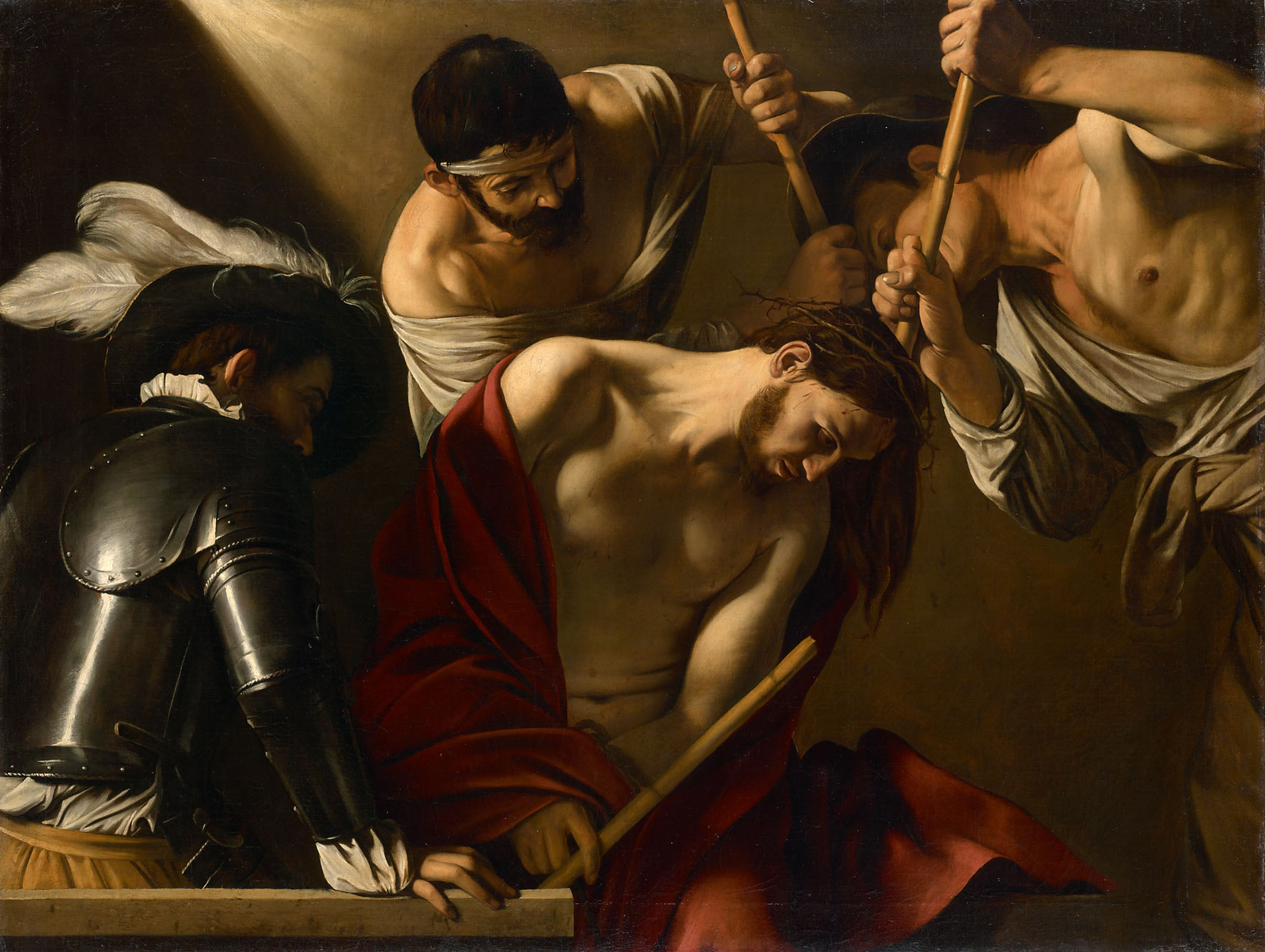 Caravaggio, The Crowning with Thorns Baroque painting depicting a scene of intense emotion and physical interaction, featuring four men with three holding sticks and one armored figure observing. The central figure, Christ, draped in a red cloth, is bent forward, highlighting themes of suffering and conflict through dramatic lighting and realistic human forms.