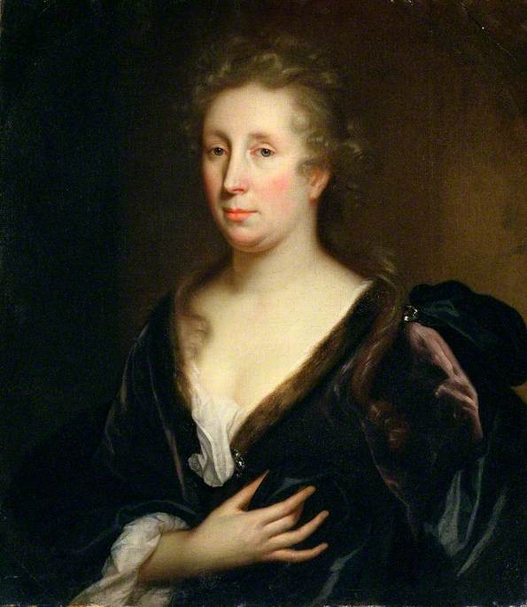 Godfried Schalcken, Portrait of the artist Rachel Ruysch painting depicting a woman in 18th-century attire with a dark velvet dress and white lace visible at the neckline. The artwork highlights detailed textures of fabric and soft lighting.