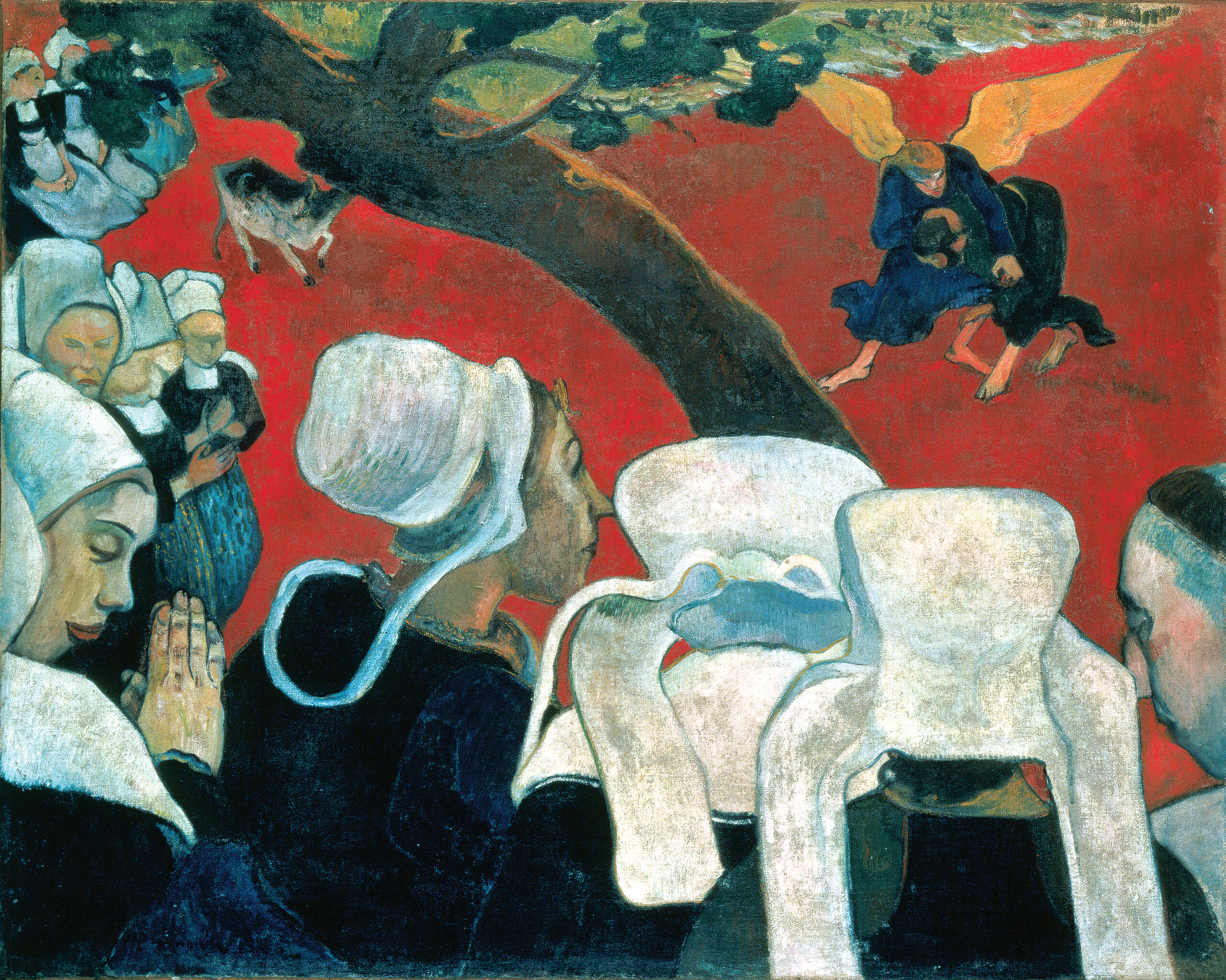 Painting depicting a group of Breton women in traditional white coifs gathered around a table outdoors under a large tree, with a red background and one angelic figure and one man in the upper right. The scene contrasts dark clothing and white headwear with vivid red ground, highlighting cultural attire and a mystical element.