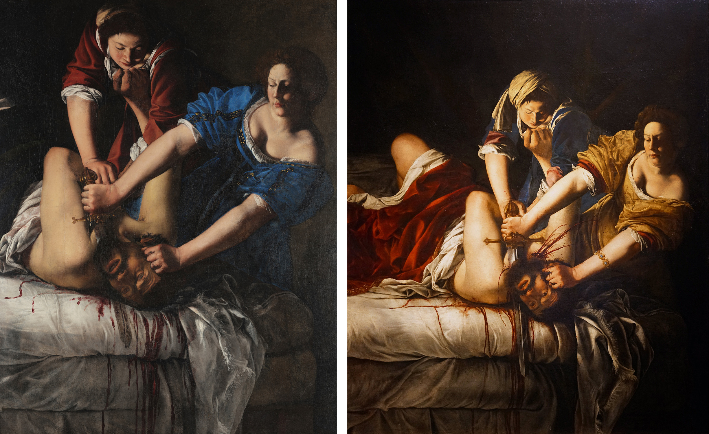 Side by side comparison of two paintings each showing two women decapitating the head of a large man.