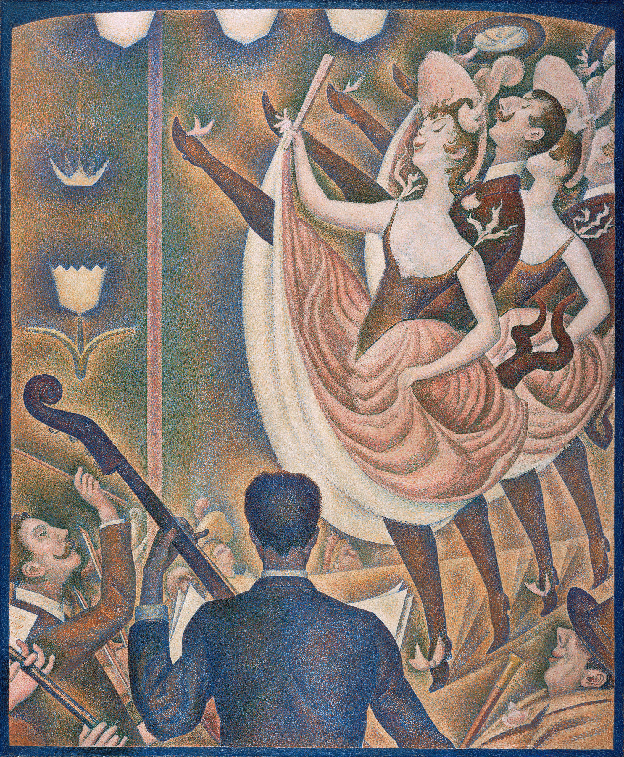 Painting depicts a lively dance scene with two female ballerinas in pink tutus and two male dancers performing high kicks on stage, accompanied by musicians playing string instruments in foreground. Pointillism technique creates textured, vibrant atmosphere with warm tones and dynamic composition emphasizing movement and coordination between dancers and orchestra.