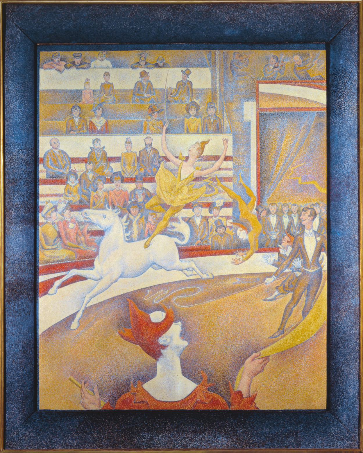 Painting depicting a circus scene with performers and audience members in a pointillist style using soft, dotted brushstrokes. Central elements include a white horse with a yellow-clad acrobat balancing on its back, surrounded by other performers in vibrant costumes and a detailed crowd in tiered seating.