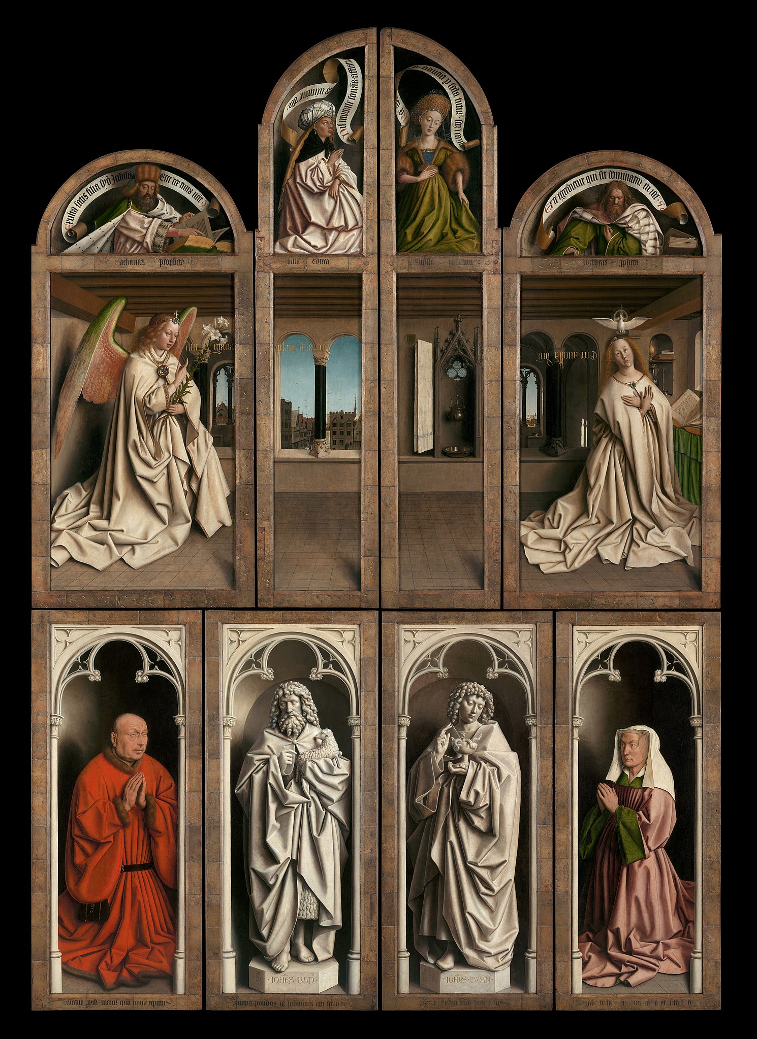 Jan and Hubert van Eyck, Ghent Altarpiece detail featuring a central scene of the Annunciation with angel Gabriel and Virgin Mary in white robes, set within a Gothic architectural frame. The upper panels depict three prophets with scrolls, while the lower panels show four saints or donors in prayer, two in white robes and two in colored garments, all under arched niches.