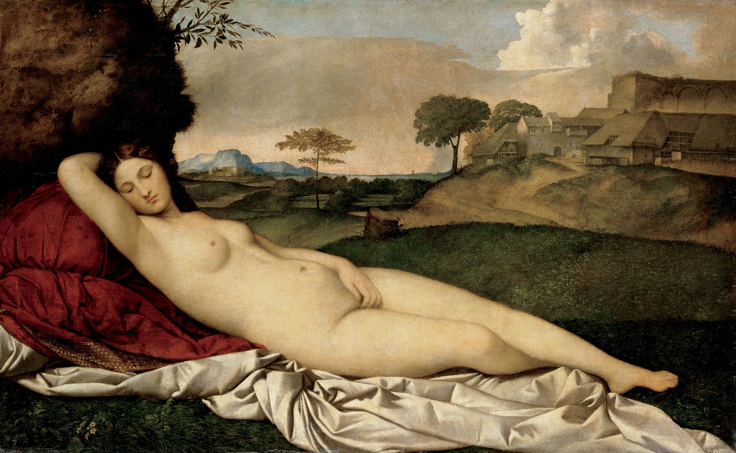 Giorgione, Sleeping Venus, painting of a reclining female nude sleeping in the foreground with a village scene and mountain scene in the background.
