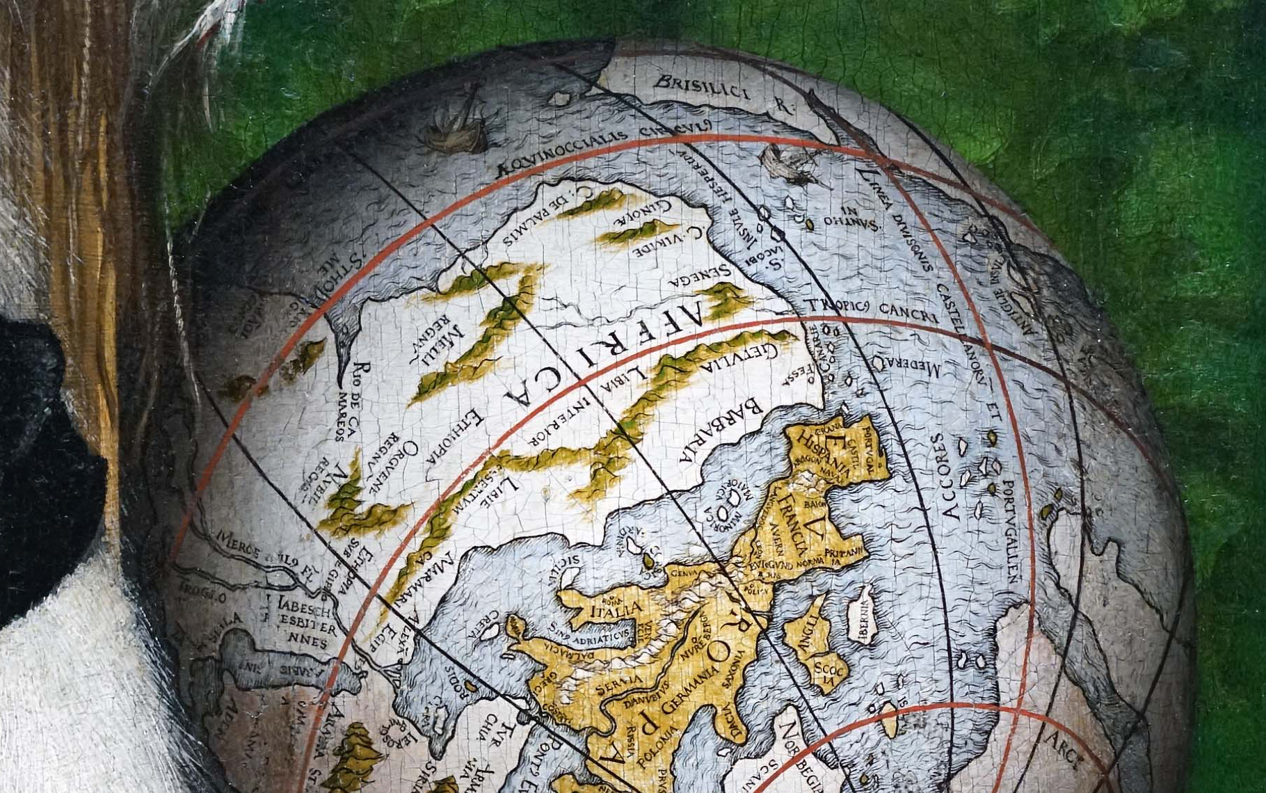 Detail of painting showing a vintage globe focusing on the Northern Hemisphere, showing continents such as North America, Europe, and parts of Asia. The globe features detailed geographic labels, latitude and longitude lines in red and black, and a textured surface with muted colors, highlighting historical cartographic style.