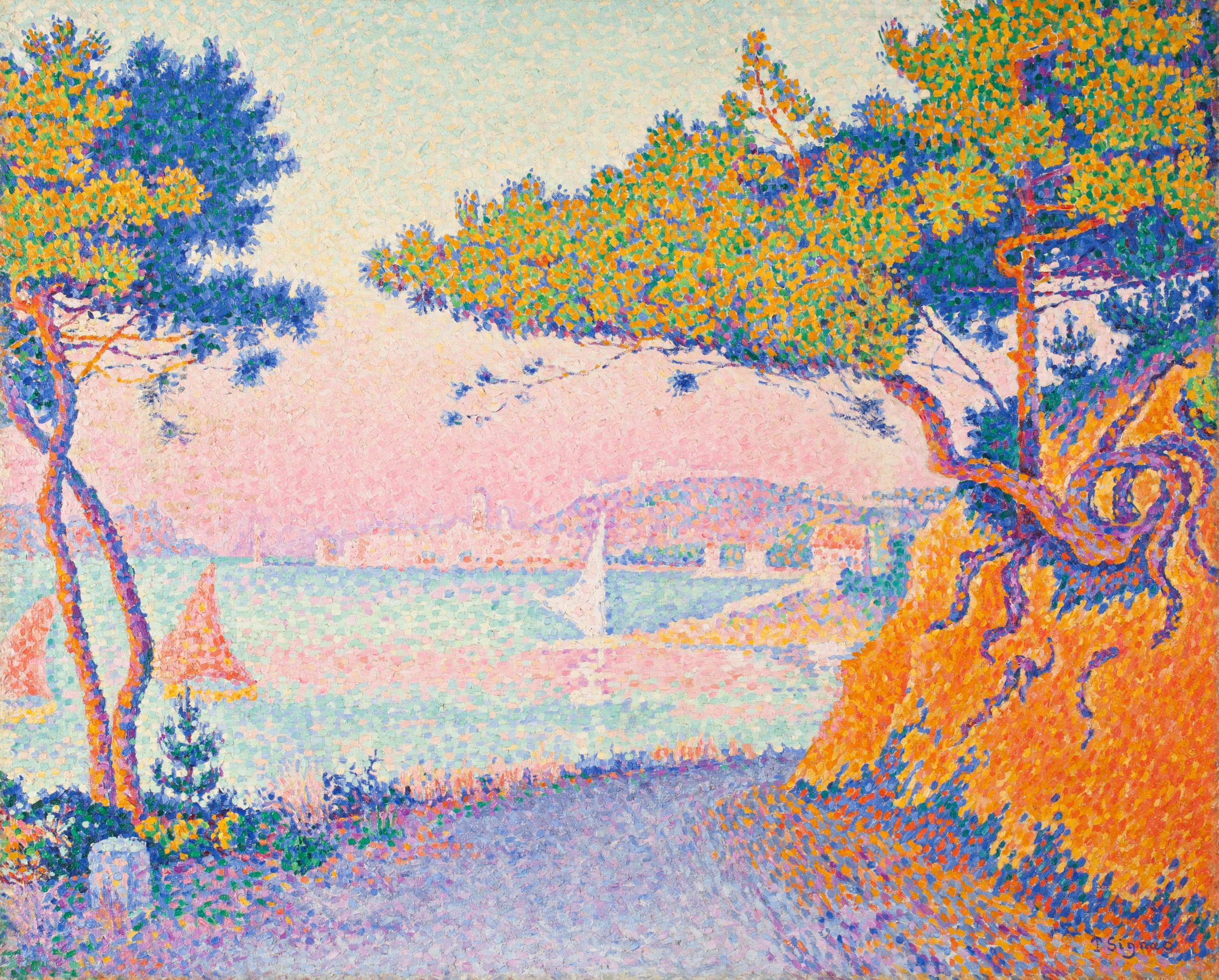 Painting of a coastal landscape featuring a winding path bordered by orange cliffs and green trees, leading to a calm sea with sailboats. Pointillism technique uses vibrant dots of blue, green, orange, and pink to create texture and depth, highlighting natural scenery and serene atmosphere.