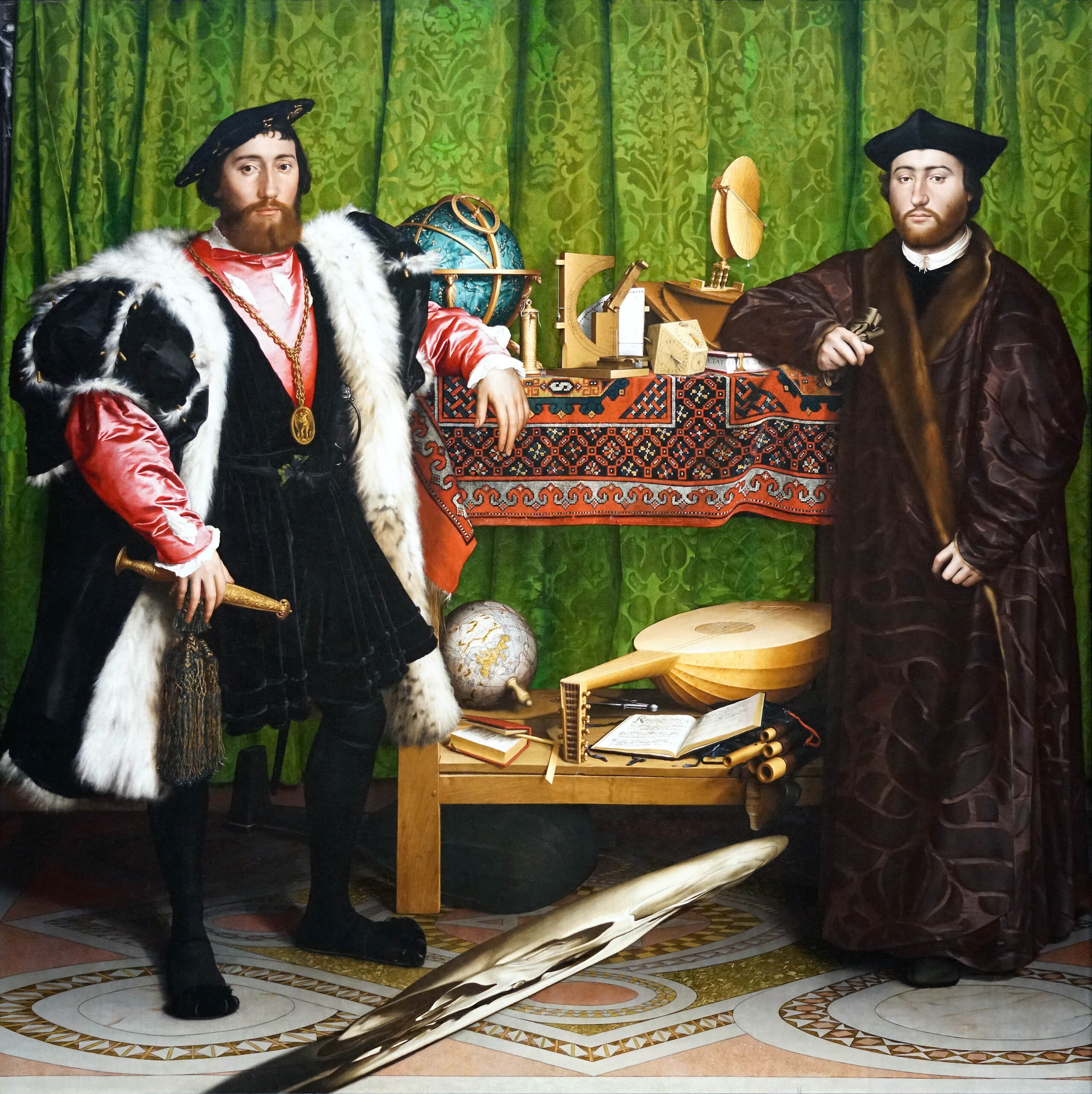 Hans Holbein the Younger, The Ambassadors painting featuring two men in elaborate period clothing standing beside a table covered with scientific instruments, books, and a globe, set against a green patterned curtain. The scene highlights themes of exploration and knowledge, with detailed elements such as a lute, astrolabe, and geometric tools emphasizing scholarly pursuits.