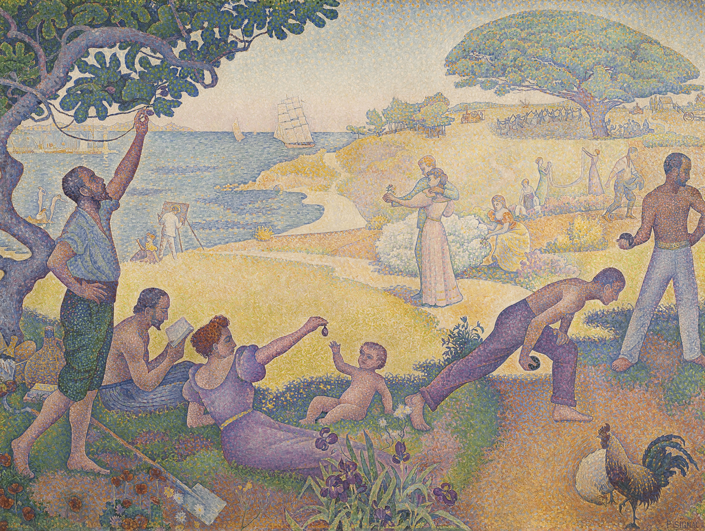 Painting depicting a vibrant coastal scene with people engaging in various activities such as gardening, playing, and socializing, rendered in pointillism style with small, distinct dots of color. Key elements include a large tree on the left, a sailing ship in the background, and figures spread across a sunlit landscape featuring lush greenery and a rooster in the foreground.