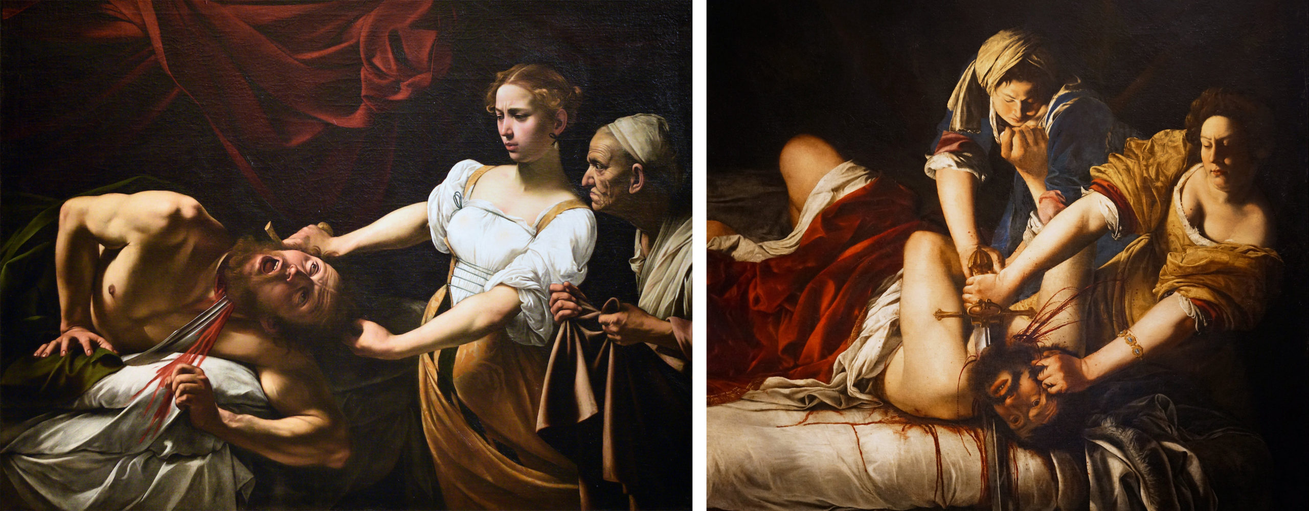 Side by side comparison of two paintings each showing two women decapitating the head of a large man.