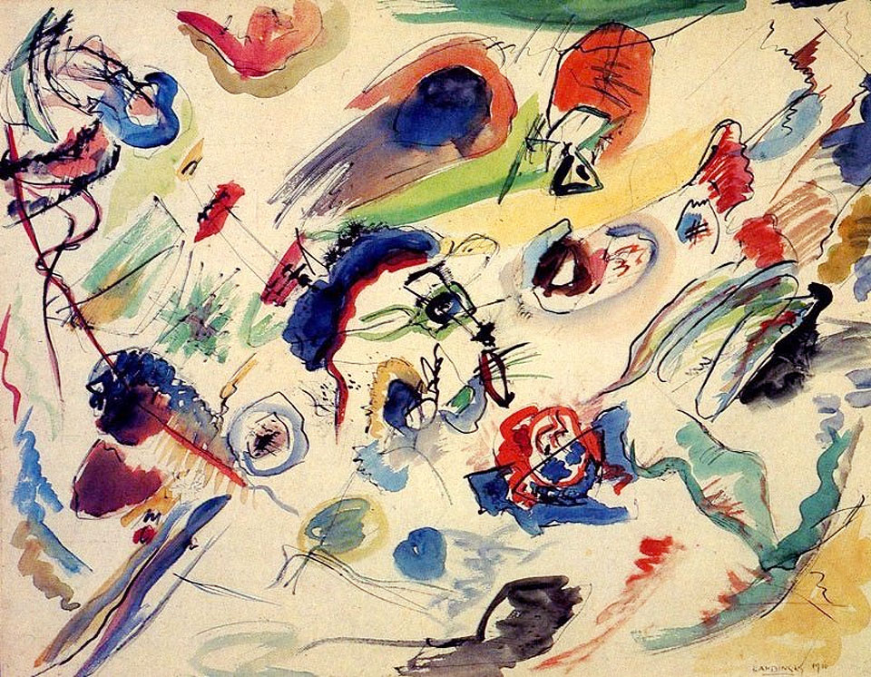 Abstract watercolor painting featuring a chaotic arrangement of colorful shapes and lines in red, blue, green, and yellow tones. The composition includes dynamic brushstrokes and overlapping forms, creating a sense of movement and spontaneity.
