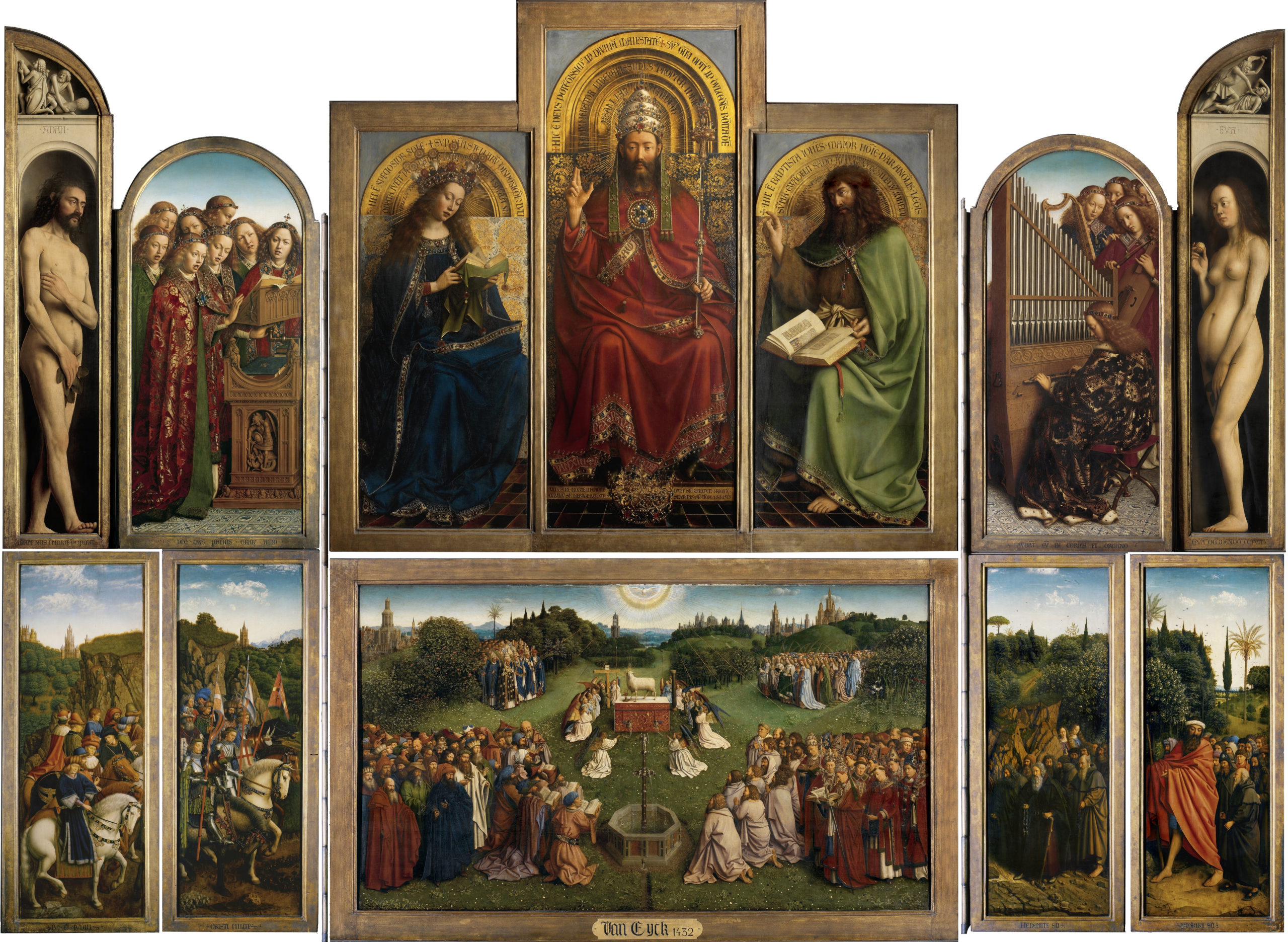 Jan and Hubert van Eyck, Ghent Altarpiece depicting religious figures and scenes in a multi-panel format with central panels featuring Christ enthroned, the Virgin Mary, and saints, surrounded by angels and other biblical characters. Lower panels illustrate a detailed outdoor gathering with numerous worshippers, vibrant landscapes, and symbolic elements, using rich colors and intricate gold halos to emphasize holiness and divine presence.