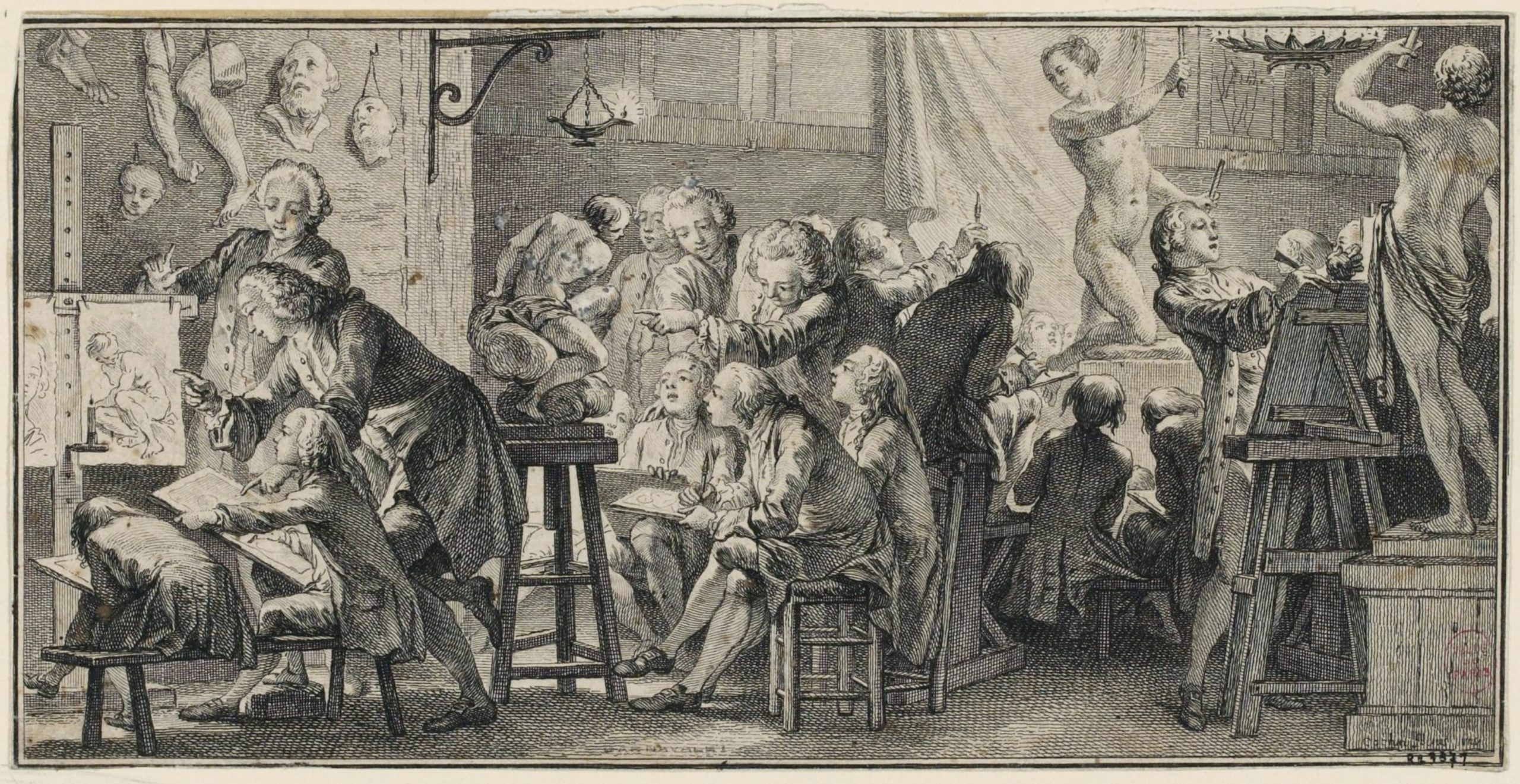 An engraving depicting a crowded artist's studio with multiple artists sketching and painting human figures and busts. The scene includes detailed anatomical studies, sculptures, and various artistic tools, highlighting a collaborative environment focused on figure drawing and anatomy.
