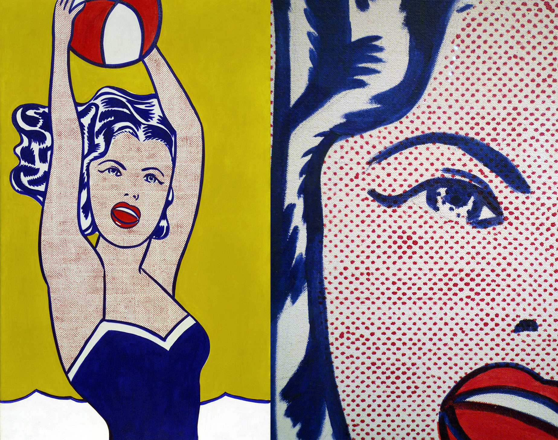 Pop art painting featuring a woman in a navy blue swimsuit holding a red and white ball against a yellow background on the left, and a close-up of her face with red lips and blue hair on the right. The artwork uses bold black outlines, red dot shading, and contrasting colors to emphasize facial features and vintage style.