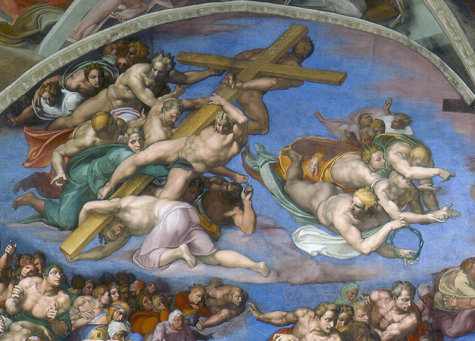Lunette with angels carrying the instruments of the Passion of Christ, (detail), Michelangelo, Last Judgment