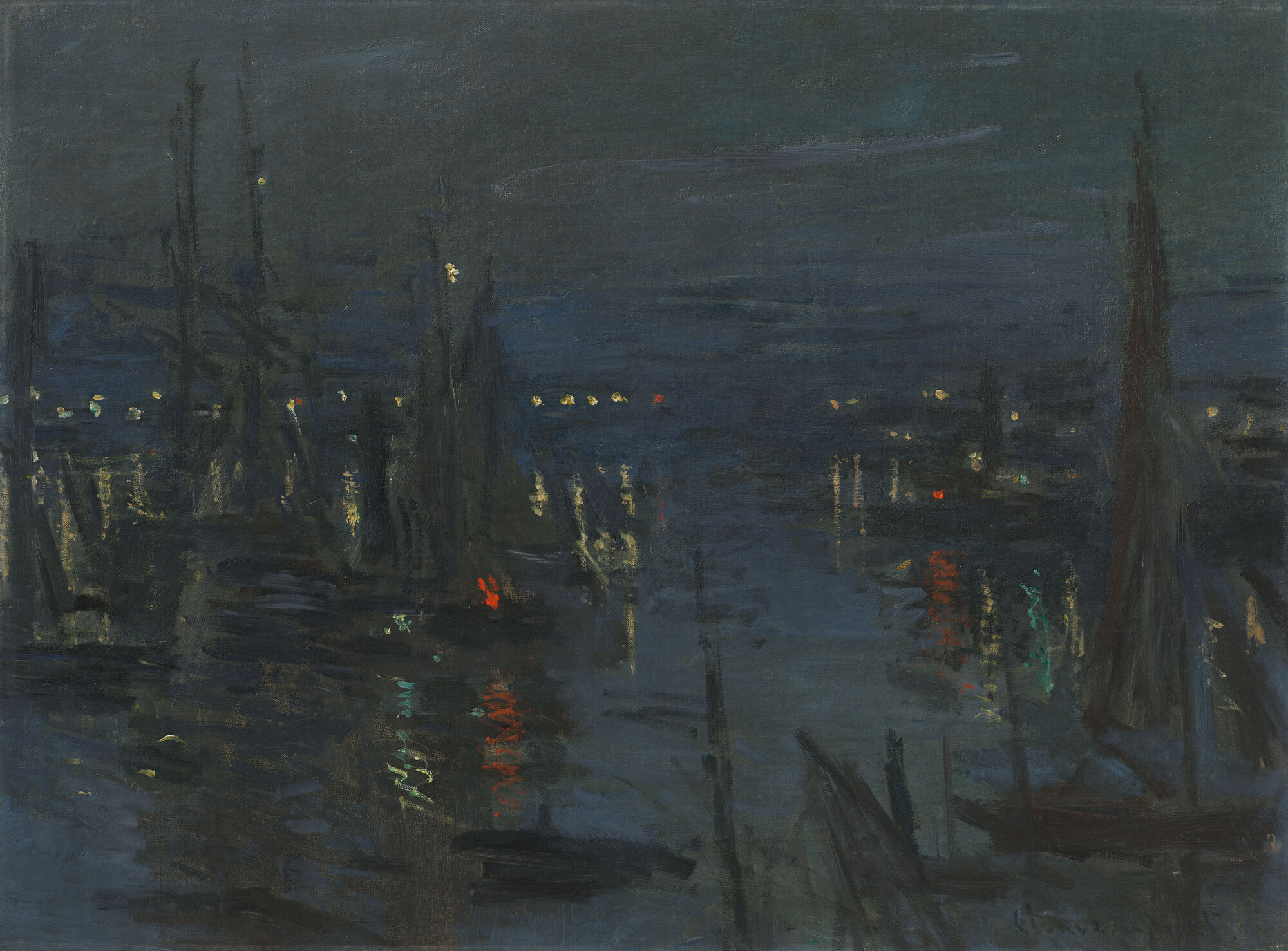Monet, The Port of Le Havre, Night Effect, painting depicting a nighttime harbor scene with boats and reflections of lights on water. Dark blue and black tones dominate, with small bright spots of yellow, red, and green highlighting distant lights and boat details.