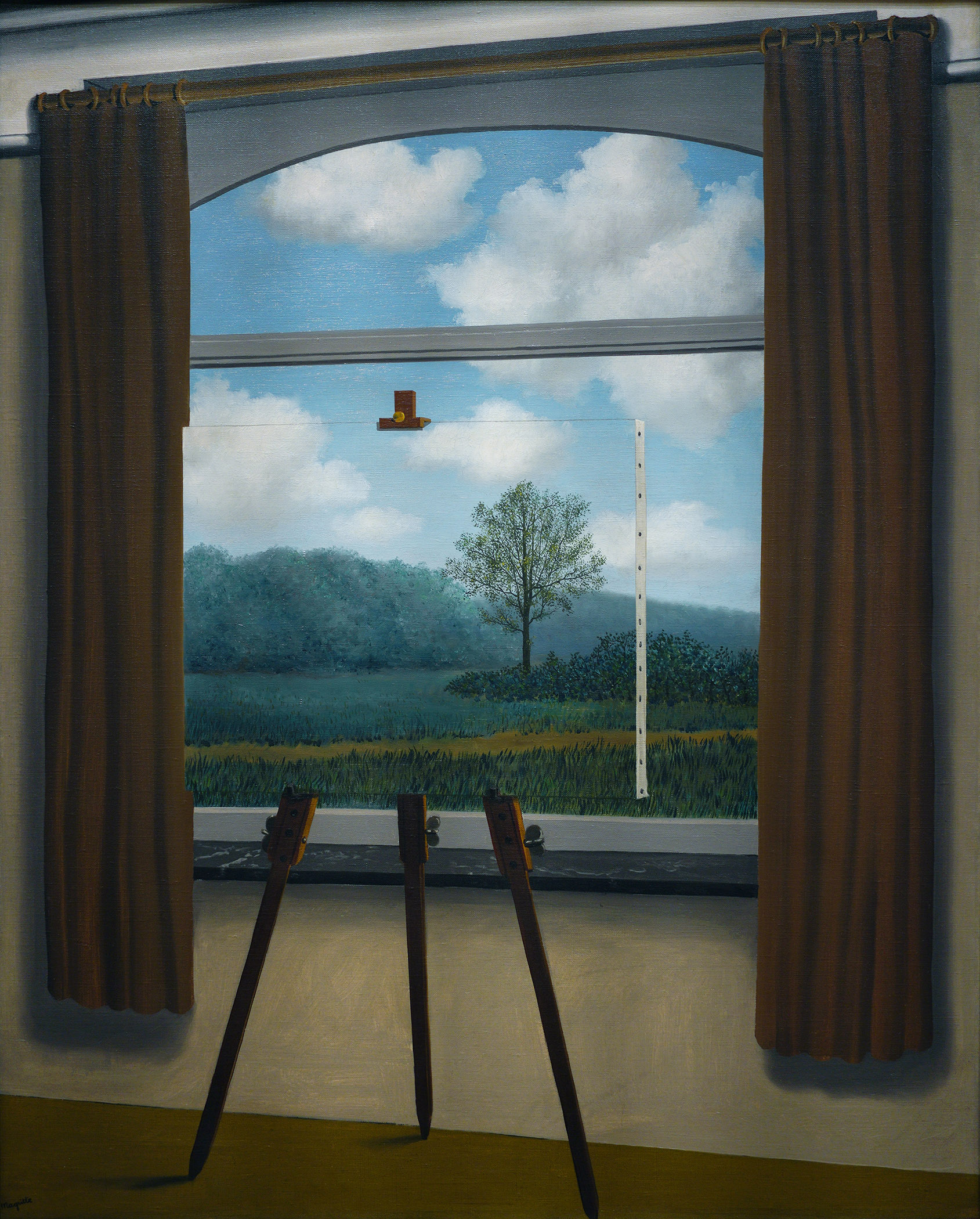 Painting of a window view with brown curtains framing a landscape featuring a single tree, grassy field, and cloudy sky. Three wooden easels stand inside near the window, with a small red and yellow object suspended outside and a white measuring pole in the field, suggesting an artistic or observational setting.