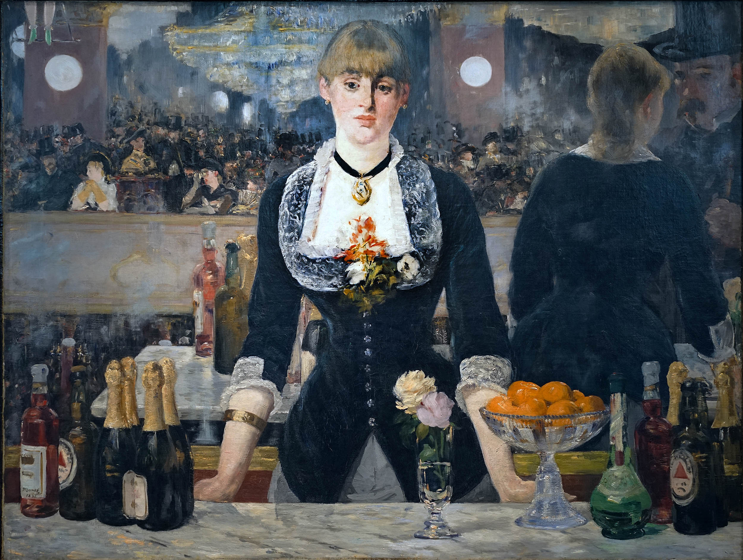Édouard Manet, A Bar at the Folies-Bergère, painting depicting a barmaid standing behind a marble counter with various bottles, a bowl of oranges, and a glass with a flower. Background shows a crowded café with patrons and a large mirror reflecting the scene, highlighting social interaction and urban nightlife.