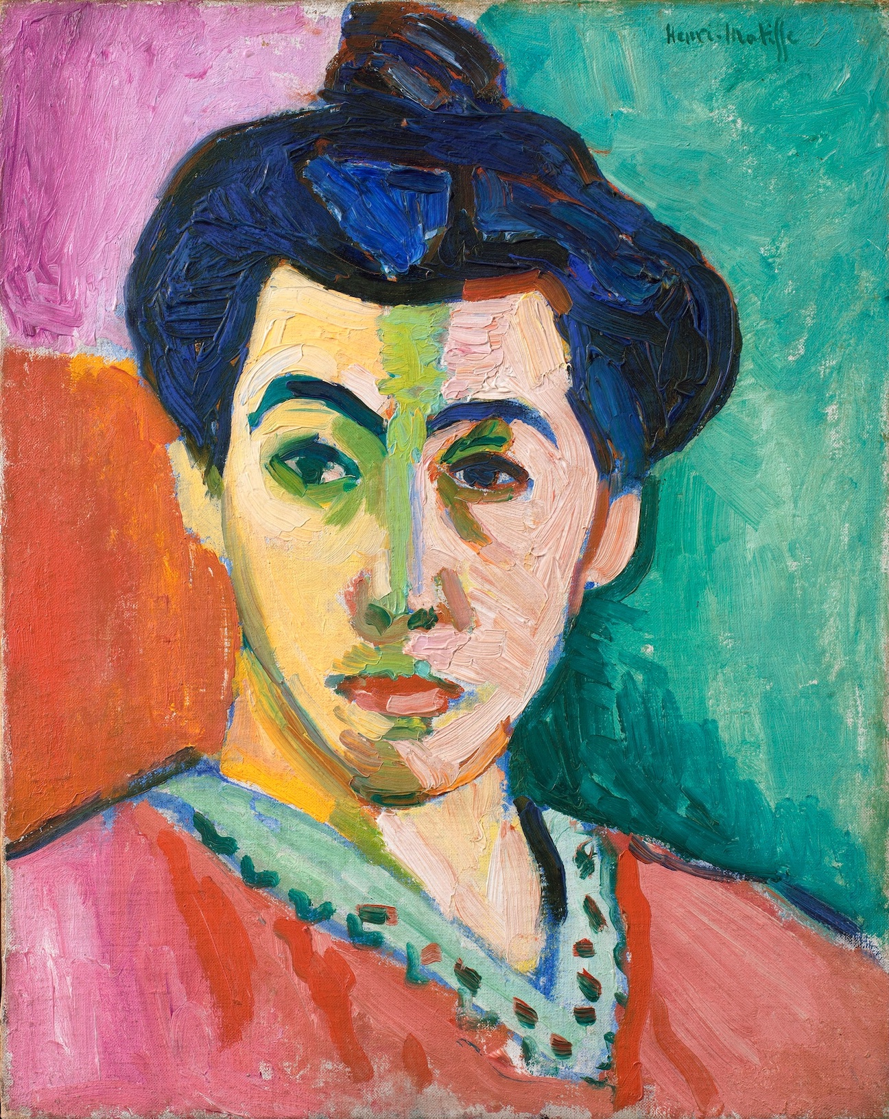 A portrait painting showcasing a woman with dark hair rendered in blue and black and a red garment with a patterned neckline. The background features bold blocks of green, orange, and pink colors, emphasizing the subject's face and attire with expressive brushstrokes.