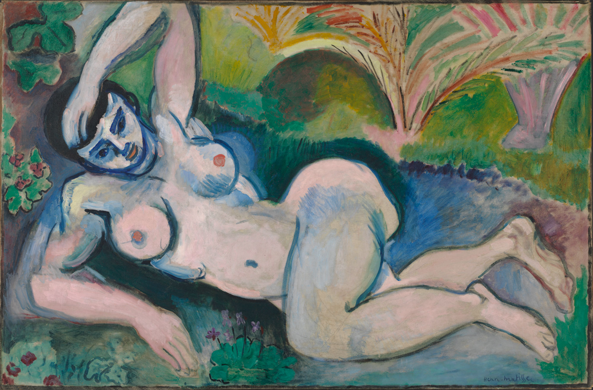 Painting of a reclining female nude facing the front of the picture plane with one arm above her head. The piece is strongly outlined in blue contour lines and set in a lush outdoor scene painted in tones of green and blue.