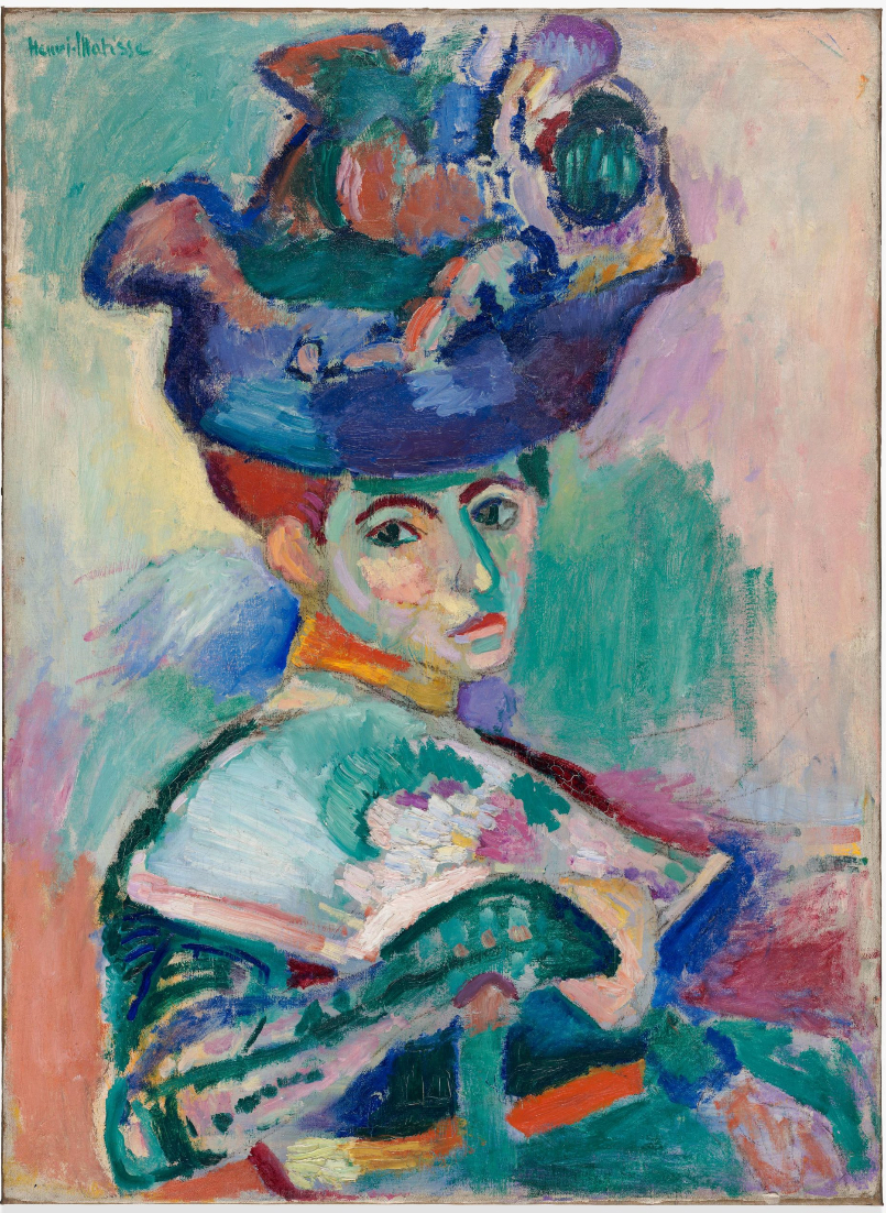 A colorful abstract painting depicting a figure wearing a large, elaborate hat and holding a fan, created with bold brushstrokes and vibrant hues of blue, green, purple, and orange. The composition emphasizes texture and movement, with a mix of organic shapes and contrasting colors that create a dynamic visual effect.