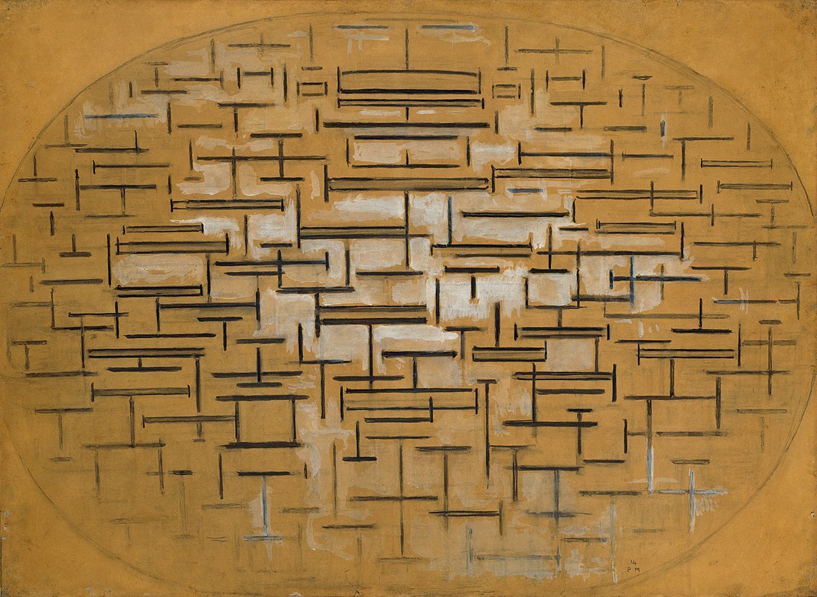 Abstract painting featuring a network of black and white rectangular and linear shapes arranged within an oval frame on a mustard yellow background. The composition emphasizes geometric patterns and spatial relationships, creating a sense of depth and structure through varied line thickness and shading.