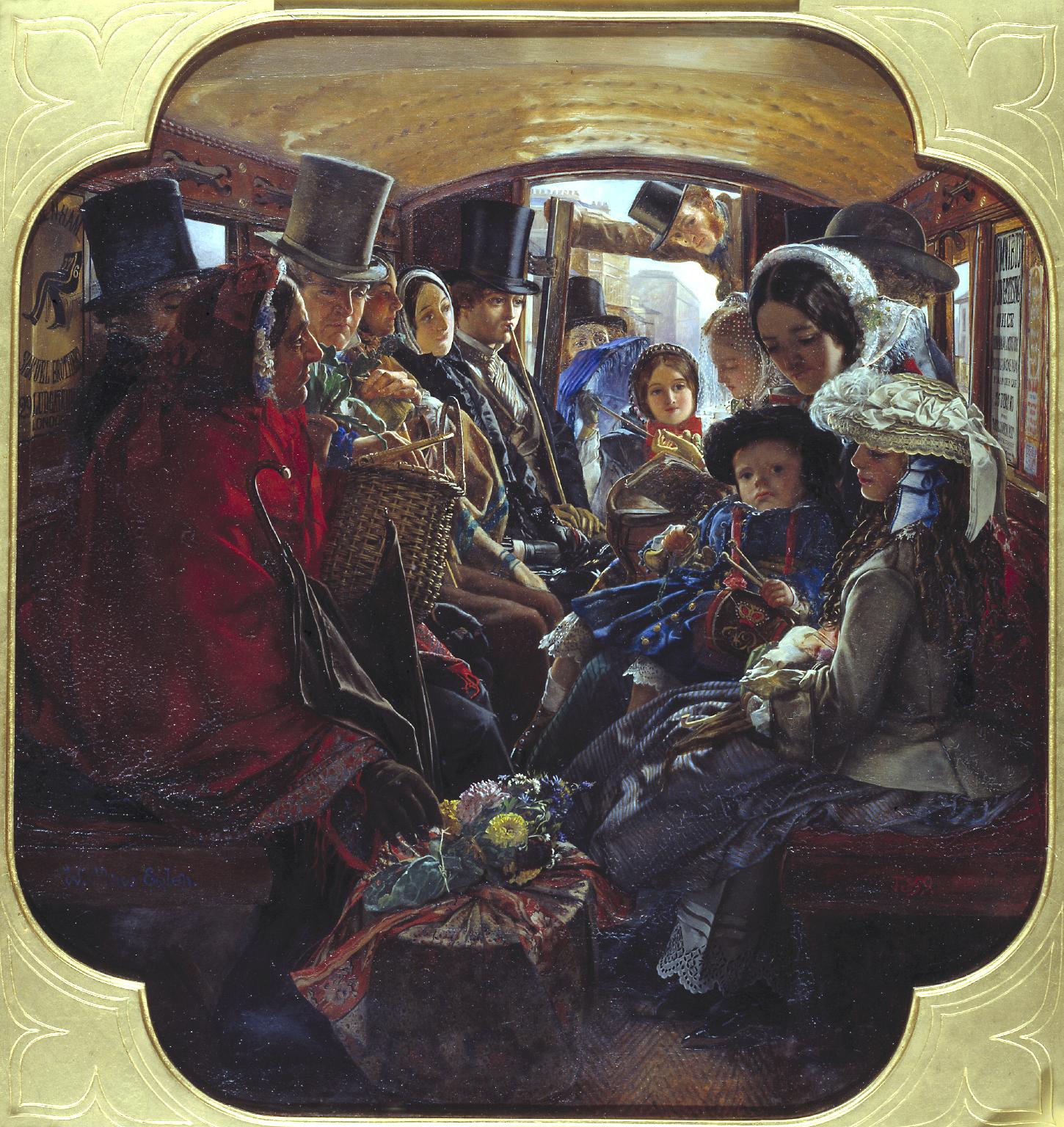 A painting depicting a crowded interior of a horse-drawn carriage with men, women, and children dressed in 19th-century attire, including top hats and bonnets. The scene highlights social interaction and period fashion, with detailed expressions and a warm, enclosed space framed by a decorative border.