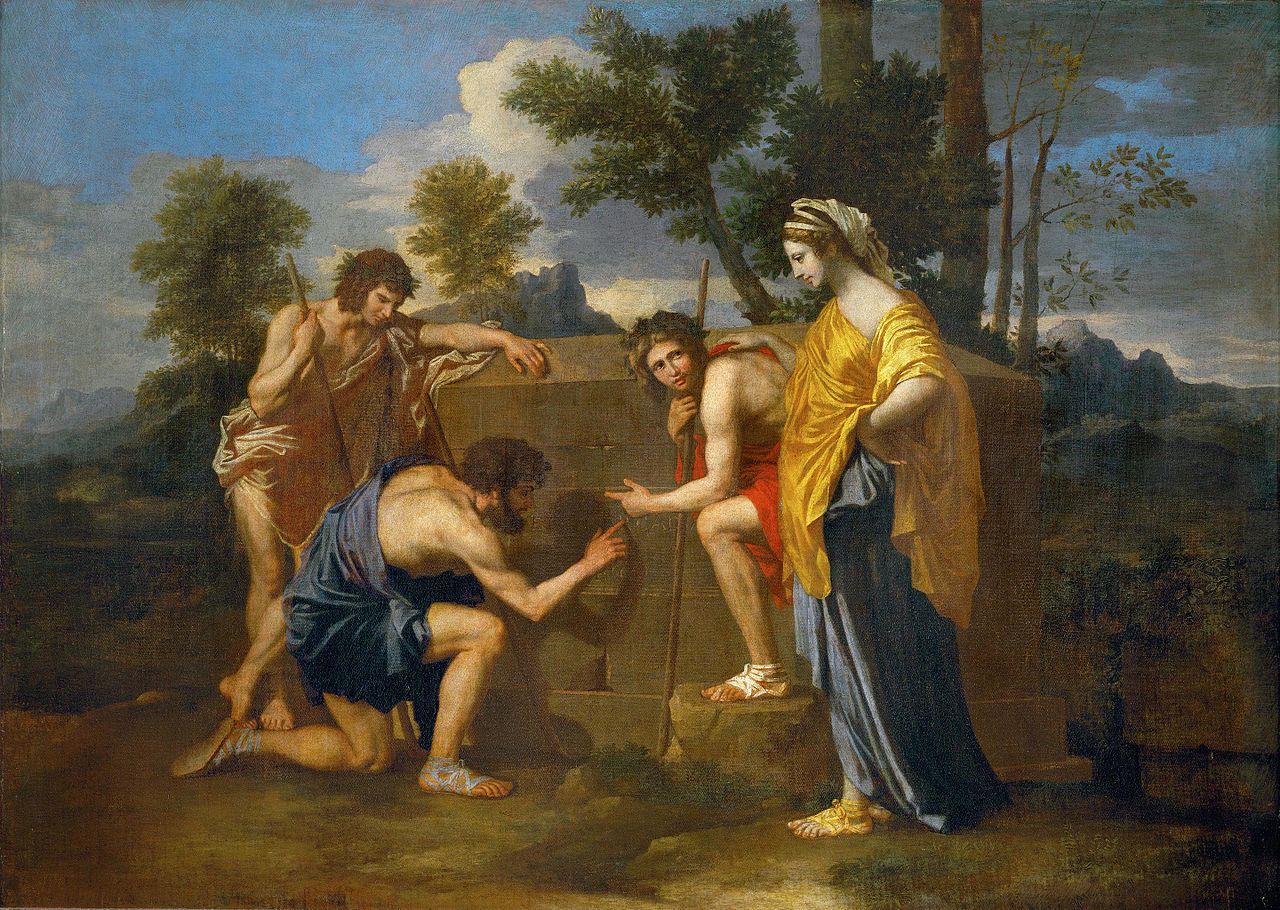 Poussin, Et in Arcadia Ego painting depicting four figures gathered around a stone structure in a natural landscape with trees and distant mountains. The figures wear ancient-style clothing in muted tones, with one woman in a yellow and blue dress standing while three men engage in discussion or examination near the stone.
