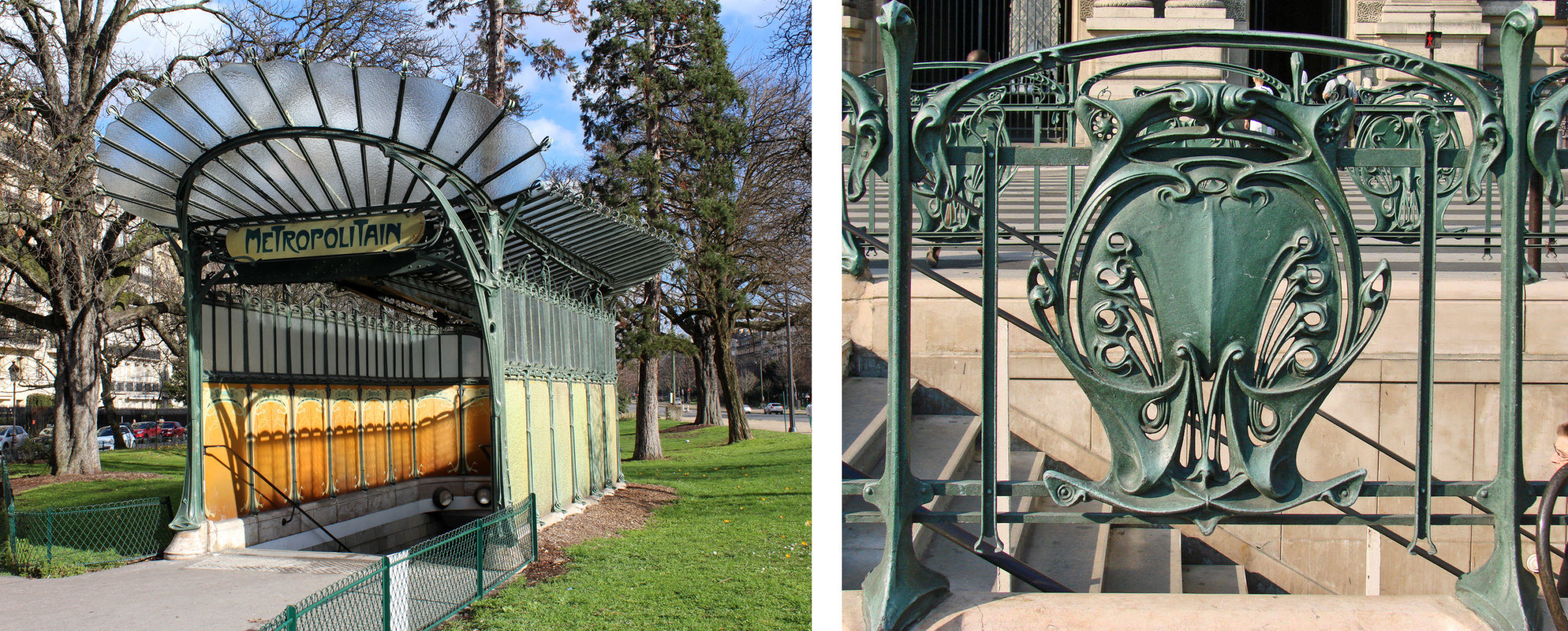 Photograph of an Art Nouveau-style entrance to a Paris Métropolitain subway station, featuring a green wrought-iron canopy with a glass roof and a yellow "Metropolitain" sign. Close-up detail shows ornate ironwork with floral and organic motifs, highlighting intricate craftsmanship and decorative elements typical of early 20th-century design.