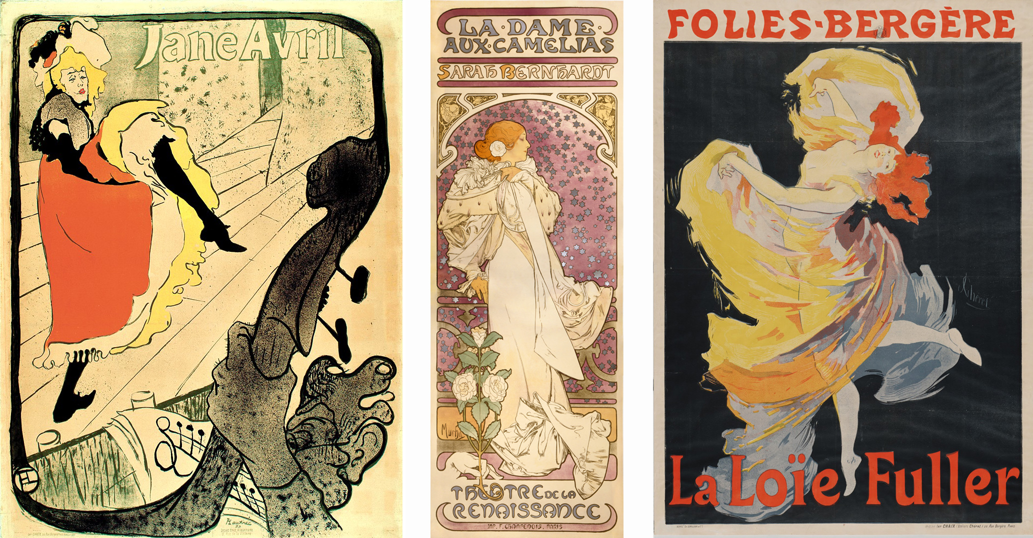 Three vintage poster illustrations feature performing women in theatrical or dance settings. The first poster shows a dancer in a red skirt kicking over a large instrument, the second depicts a woman in a flowing white dress surrounded by floral and decorative Art Nouveau elements, and the third highlights a dancer in a yellow dress with red flowers against a dark background with bold red text.