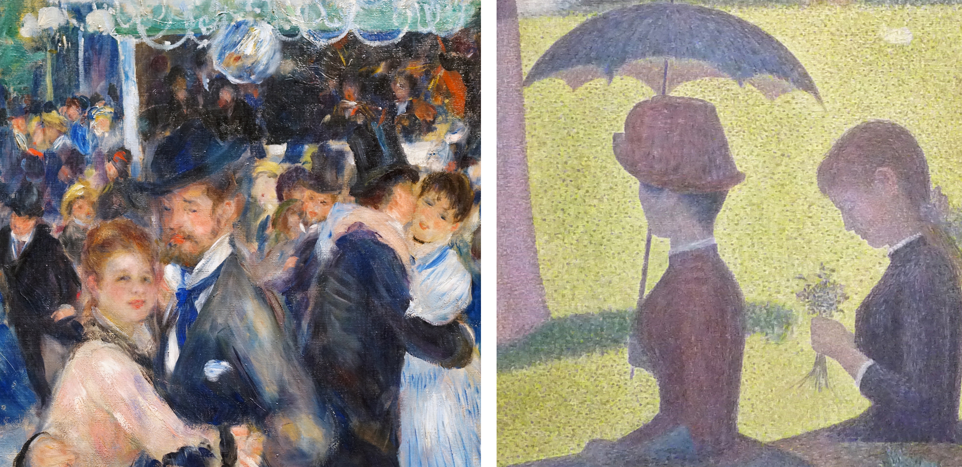 Two side-by-side paintings depict social scenes with blurred faces. The left painting shows a lively crowd in dark and light clothing with dynamic brushstrokes, while the right painting features two seated figures under a large umbrella with pointillist dots and muted colors.